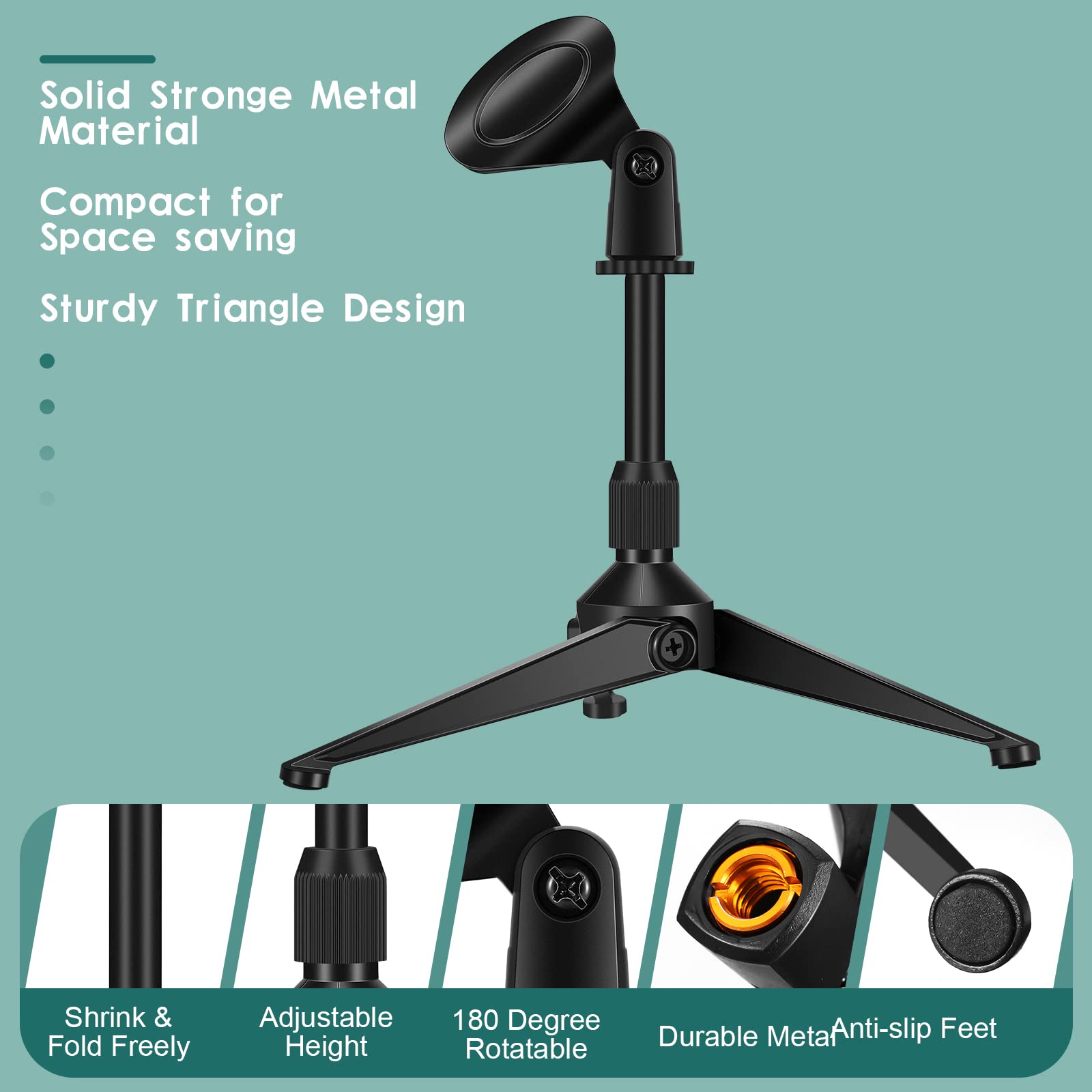 3 Pack Desktop Mic Stand Portable Foldable Tripod With Mic Clip Holder Adjustable Height Table Microphone Stand Desk 5/8 Inch Ma