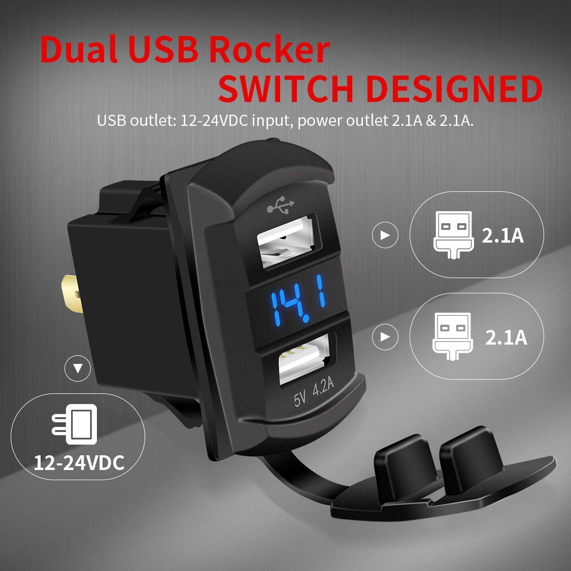 Daiertek Marine Usb Rocker Switch 12V Dual Charger Ports 4.2A Waterproof Outlet Socket With Blue Led Digital Voltmeter For Rocke