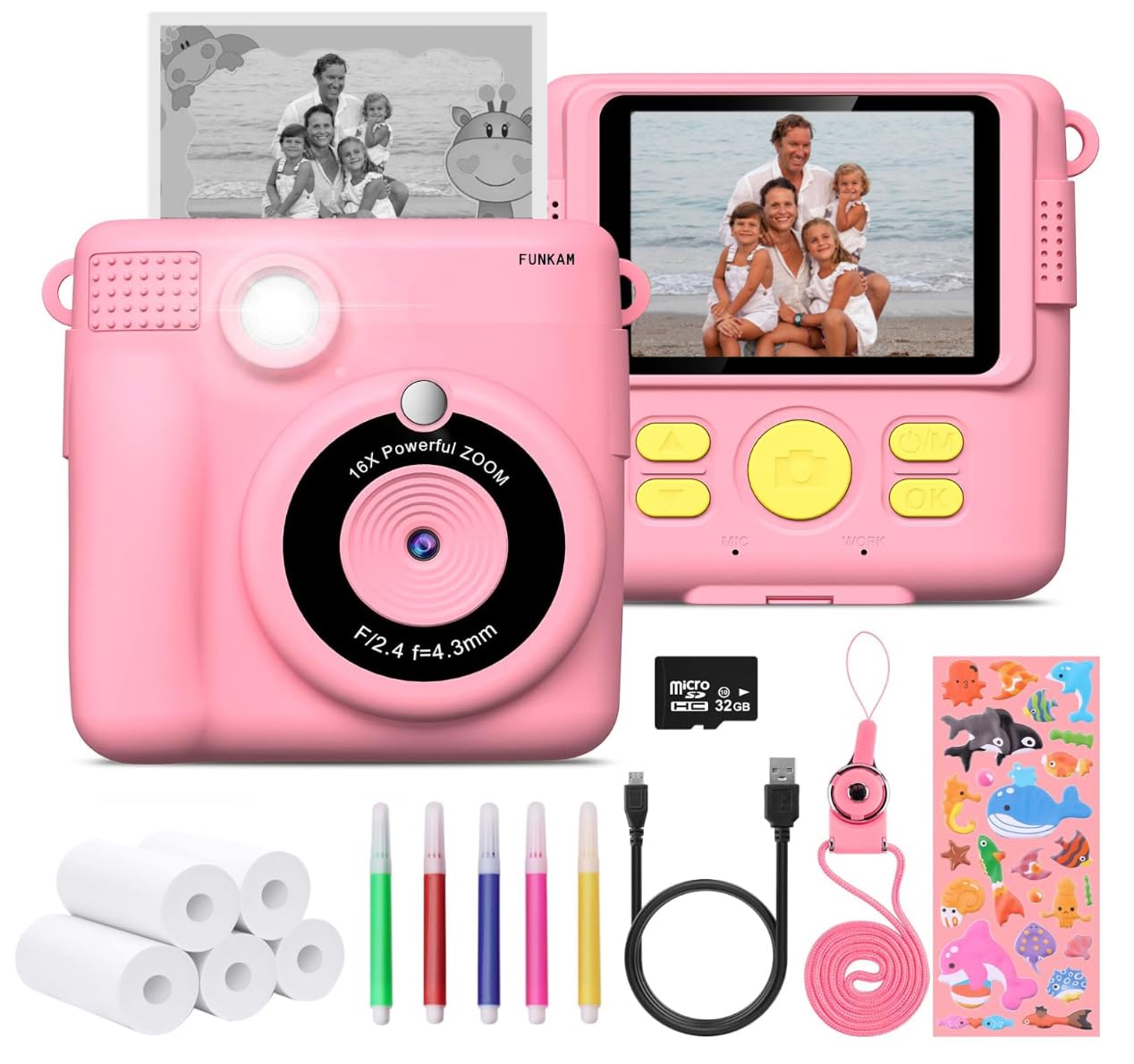 Instant Print Camera For Kids   2.4'' Hd 1080P   With 32Gb Sd Card, 5 Markers, Stickers, 5 Paper Rolls, Lanyard. Camera Boys And