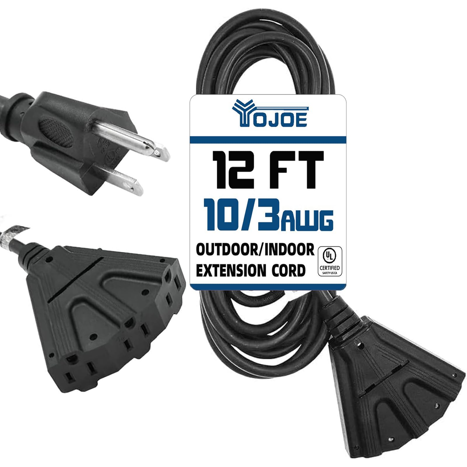 Yojoe 3 Outlets 12 Ft Black Indoor Outdoor Extension Cord, 15A Weatherproof Power Cord With 3 Prong Grounded Plug, 10 Gauge Heav