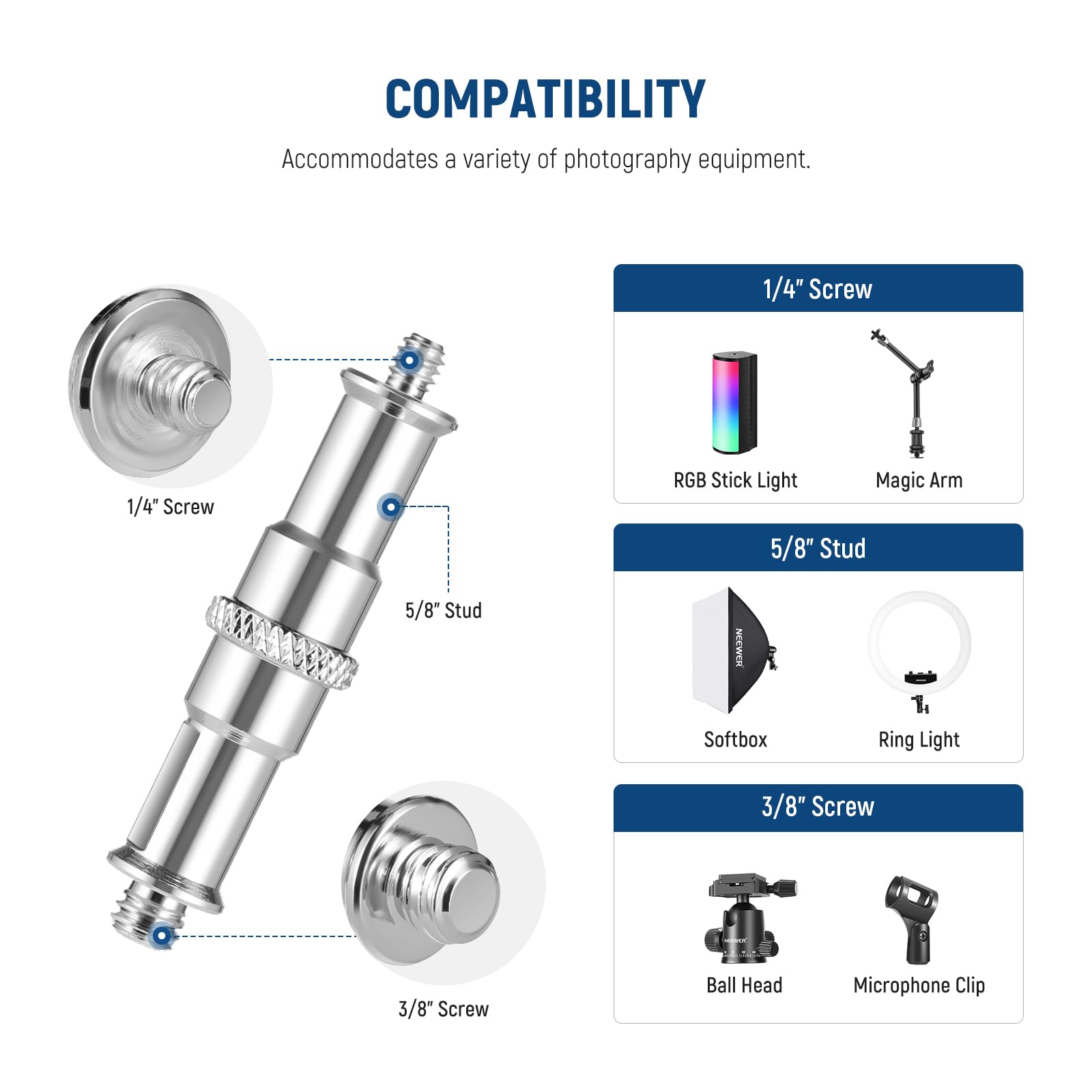 Neewer 3.34 Inch Wall Ceiling Mount 5/8'' Baby Pin Stud With 1/4'' Thread & 10 Screws, Photography Photo Studio Camera Wall Moun