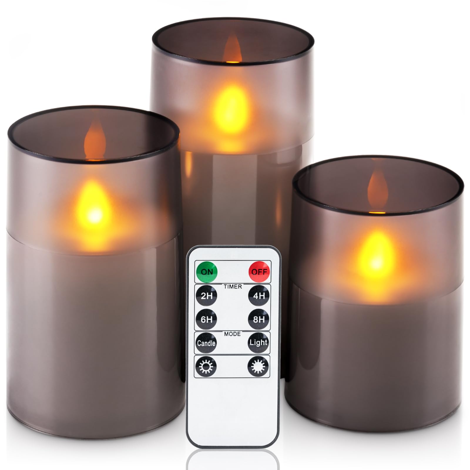 Homemory Flameless Candles Set Of 3, Grey Acrylic Led Candles Upgraded Realistic Battery Operated Flames With Remote & Timer, Wa