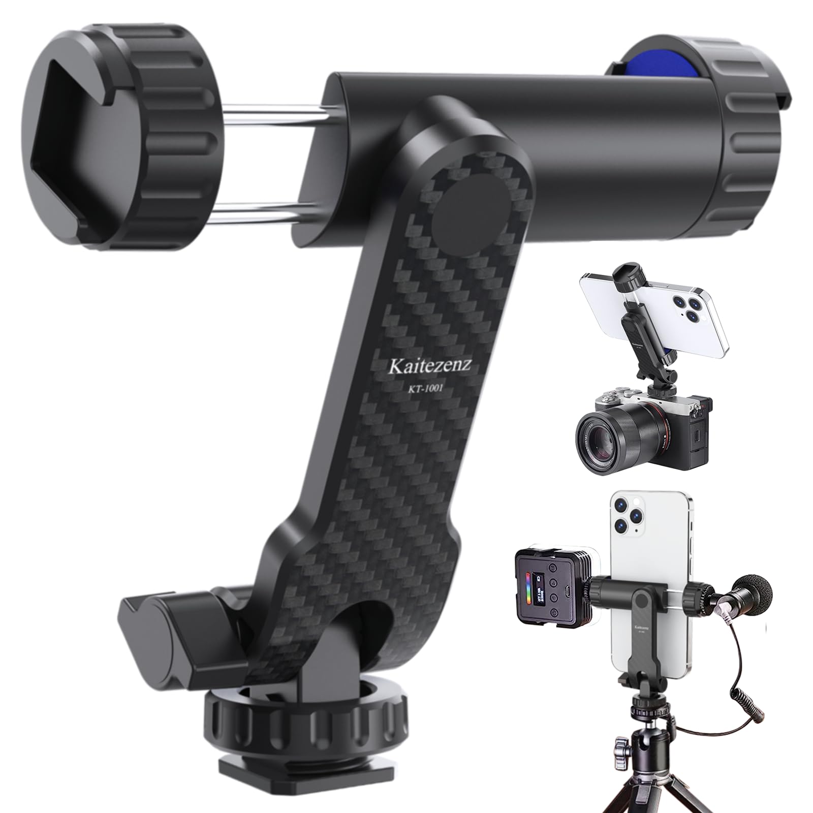 Kaitezenz Cell Phone Tripod Mount, Universal Tripod Phone Mount With 2 Cold Shoes, 360 Rotates 180 Tilts Camera Hot Shoe Phone M