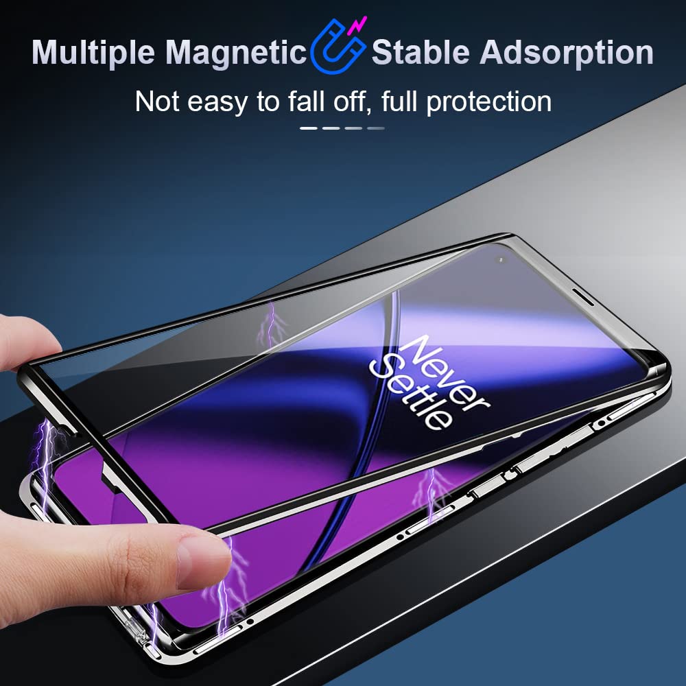 Quietip Case Compatible Oneplus 11 5G,Magnetic Body Metal Frame Double Sided Clear Tempered Glass Shockproof With Camera Protect