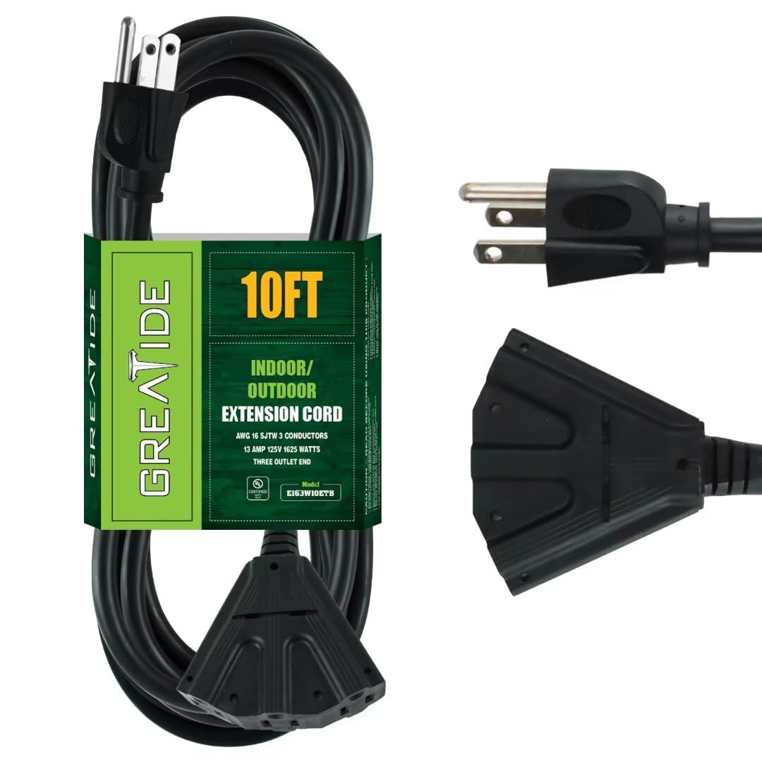 Greatide 10 Ft Outdoor Extension Cord With 3 Electrical Power Outlets   16/3 Sjtw Black Cable With 3 Prong Grounded Plug