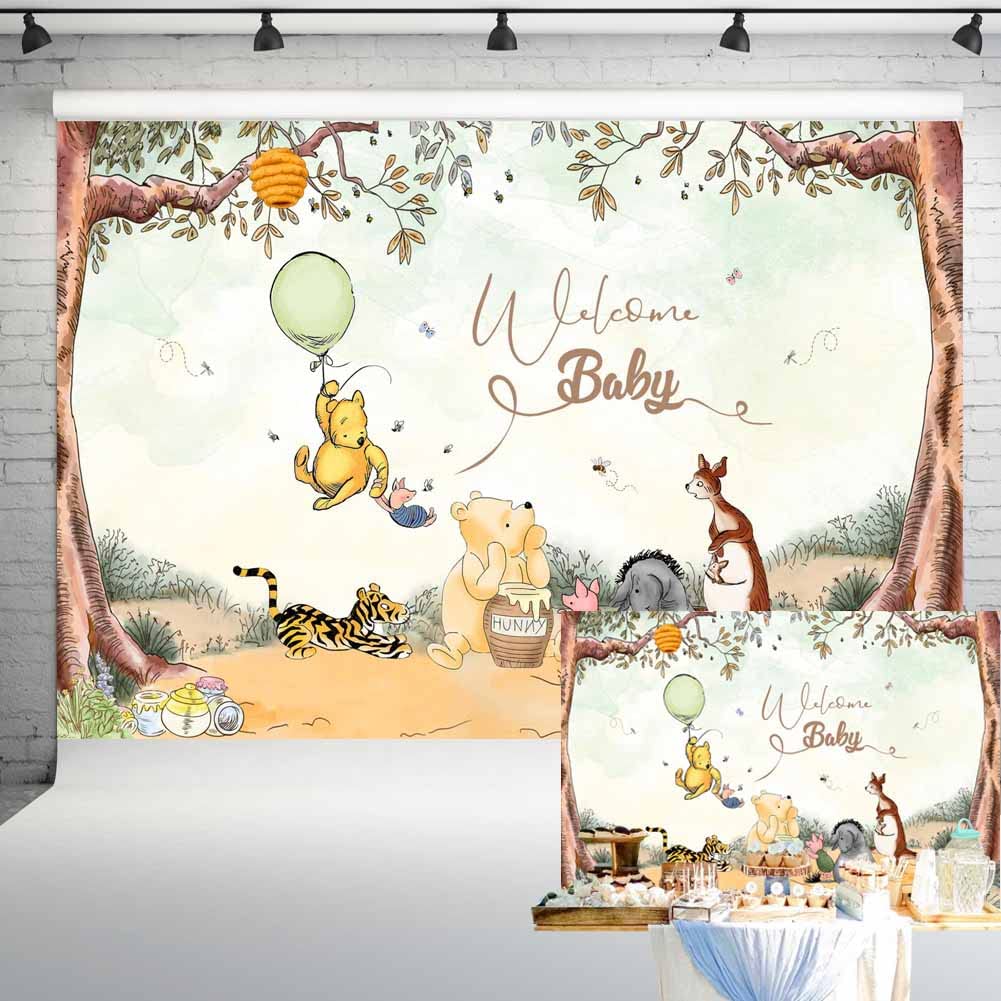 Welcome Baby Vintage Pooh Bear Baby Shower Backdrop Classic Winnie With Green Balloon Neutral Party Decorations Newborn Birthday