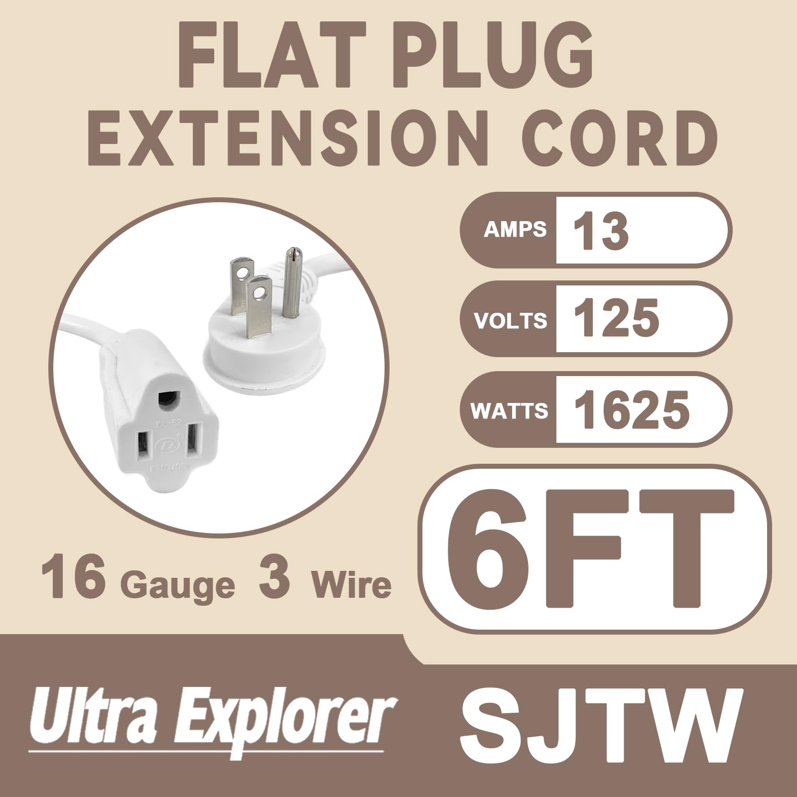Ultra Explore 2 Pack 6 Ft Flat Plug Extension Cord, 16 Awg 3 Prong Grounded Extension Cord White Flat Plug, Low Profile Extensio