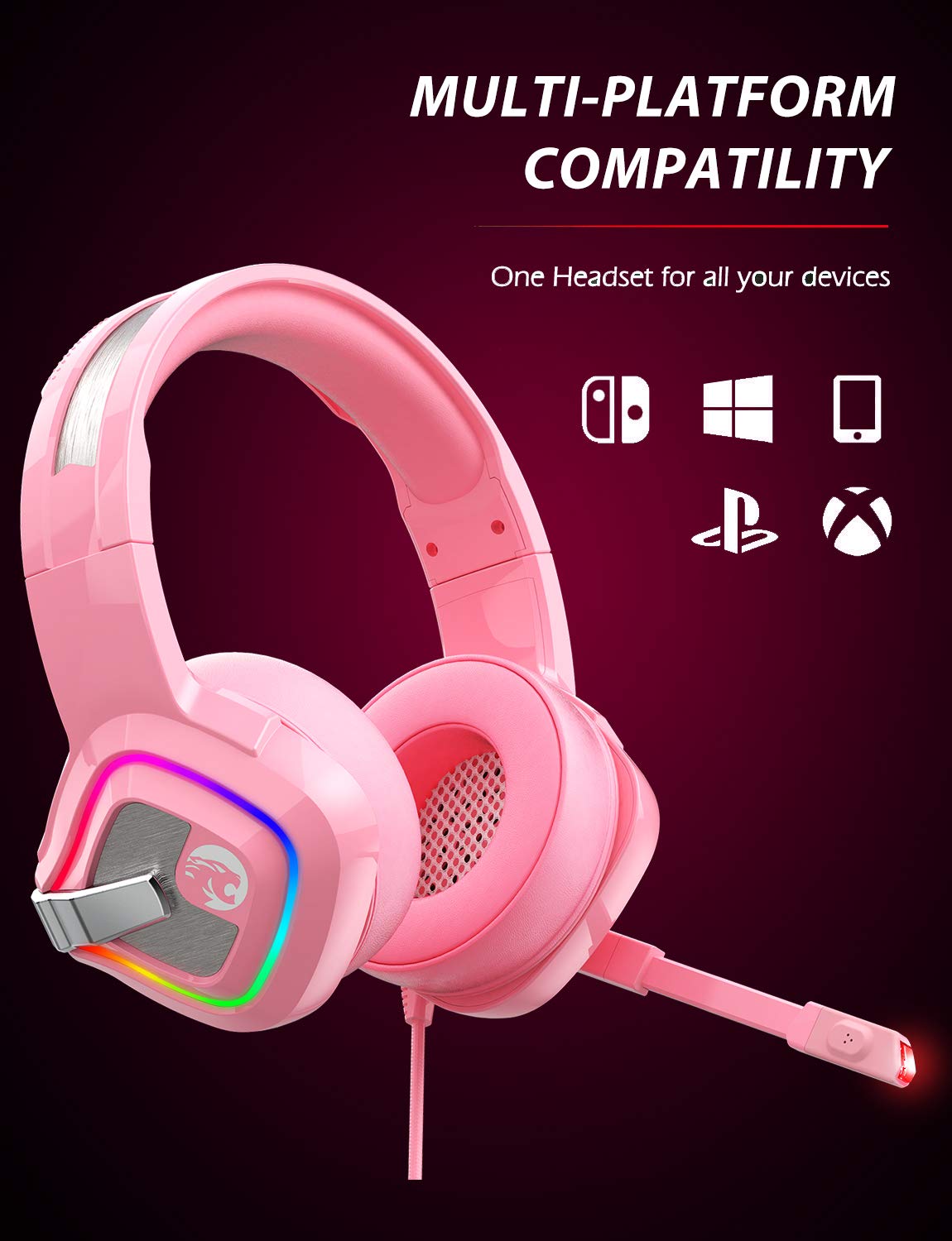 Ziumier Pink Gaming Headset For Pc, Ps4, Ps5, Xbox One, Xbox Series S/X, Switch, Noise Canceling Microphone, Stereo Surround Sou