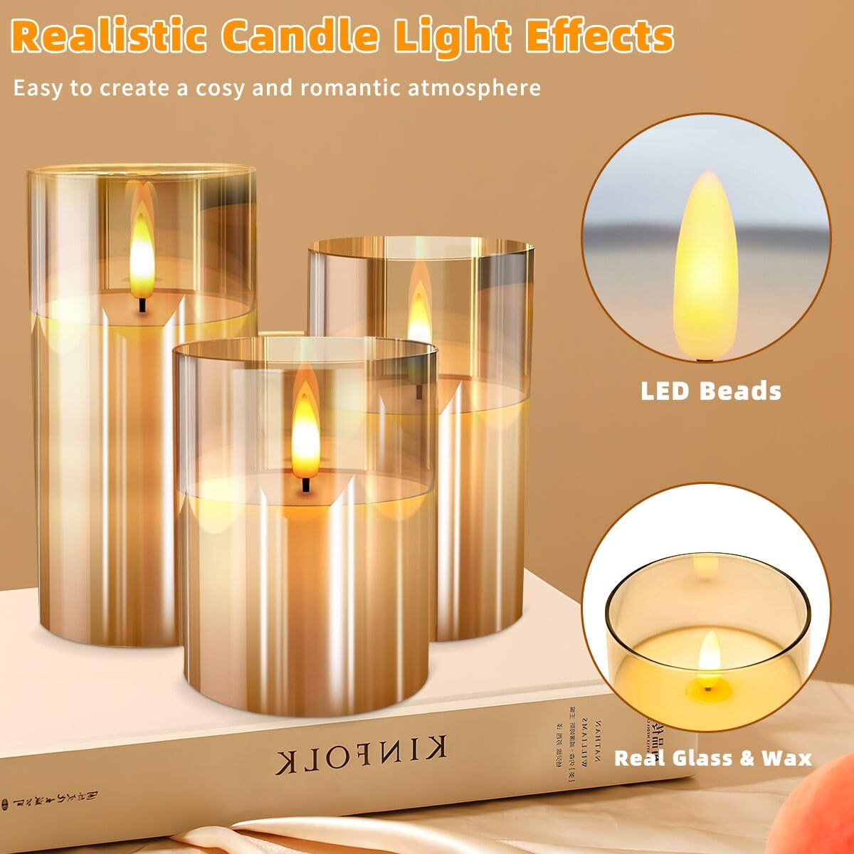 Gold Glass Flameless Candles Flickering With Remote, Timer, Battery Operated Moving Wick Realistic Warm Light Real Wax Led Candl