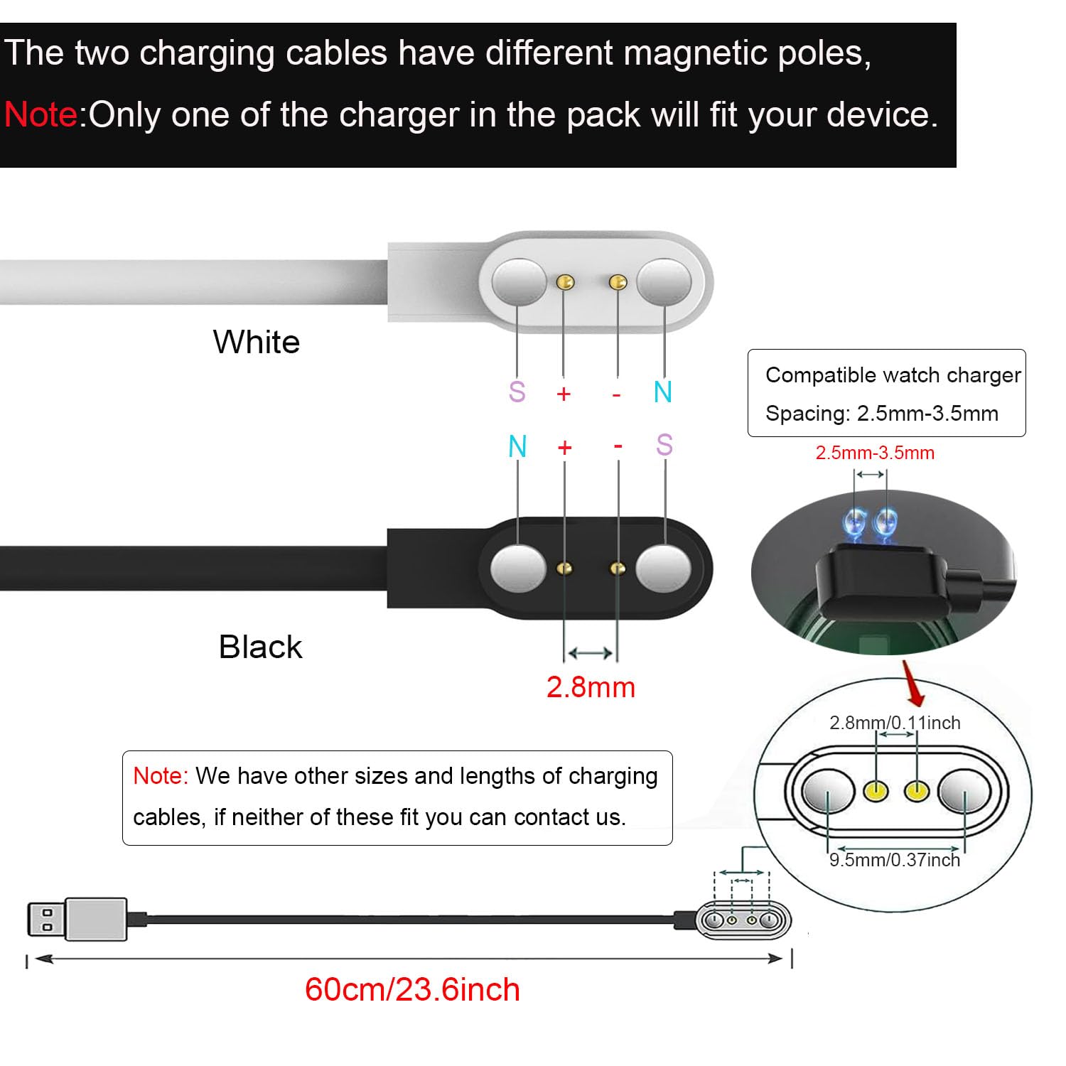 Xininyia Compatible For Rohs Smart Watch Charger, 2 Pin/2-Pack [Model A + Model B, One Fit] 2.8Mm Magnetic Usb Charging Cable Fo