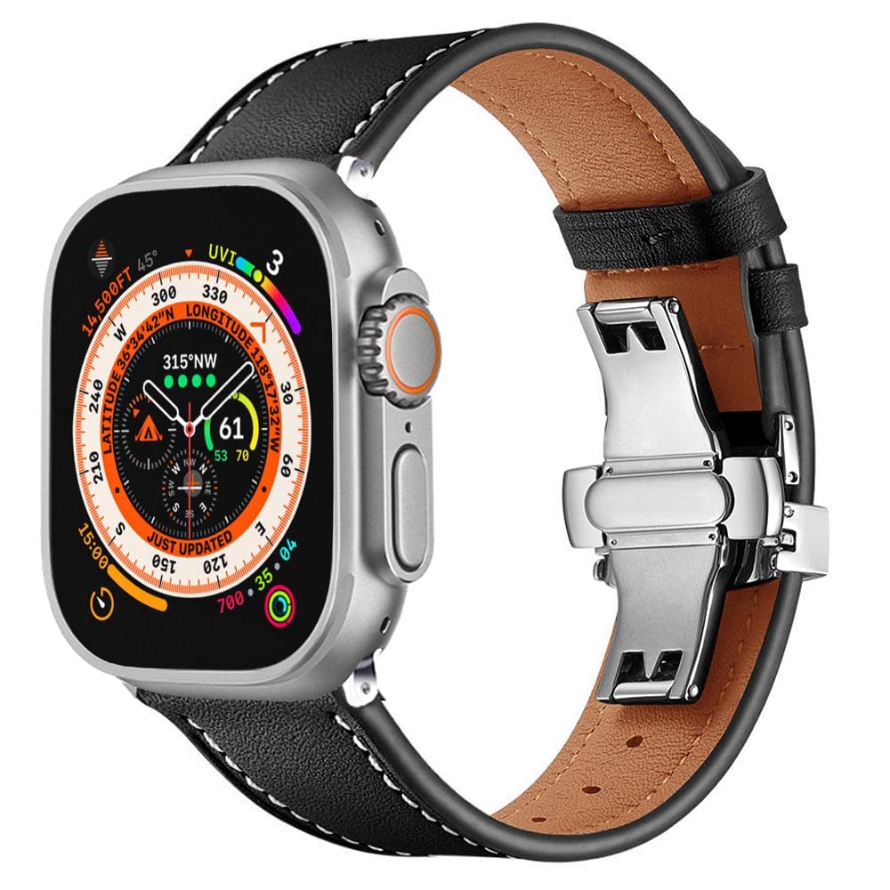 Botomall Compatible With Apple Watch Band 49Mm 45Mm 44Mm 42Mm Series Ultra 8 7 Se 6 5 4 3 2 1,Premium Soft Top Leather With 316L Stainless Steel Butterfly Buckle Replacement Straps For Iwatch