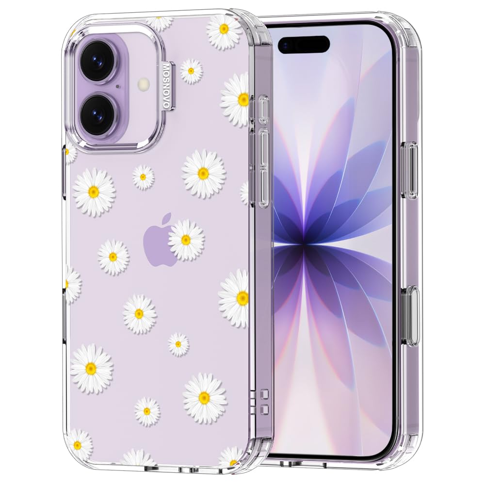 MOSNOVO for iPhone 17 Case | Military Grade 6.6ft Drop Tested | Camera Control | Clear with White Daisy Design