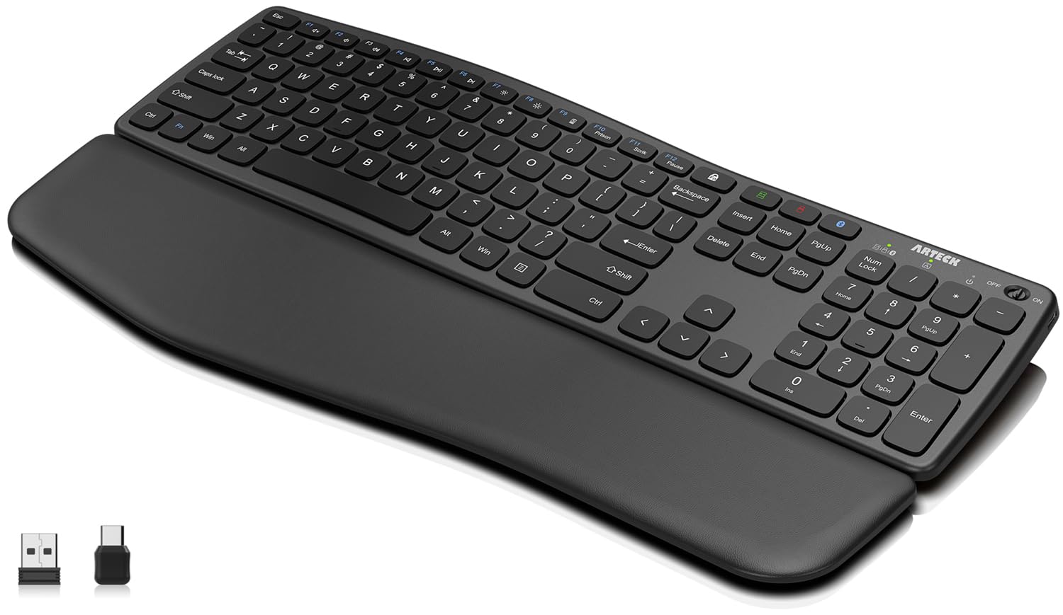 Arteck Multi Device Comfortable Wireless Bluetooth Keyboard With Nano Usb A, Usb C Type C Receiver Palm Wrist Rest Full Size Key