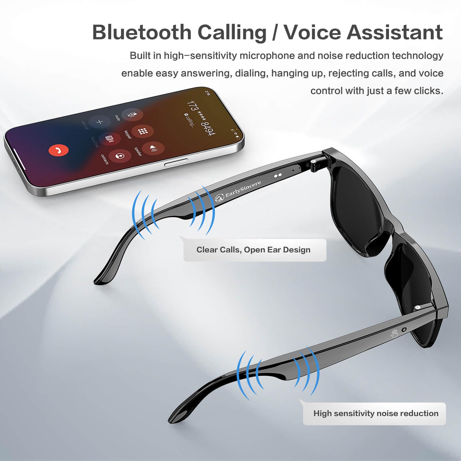 Earlysincere Men'S And Women'S Bluetooth Sunglasses, Ai Translation, 50 Hour Battery Life, Uv Protection, Voice Control, Bluetoo
