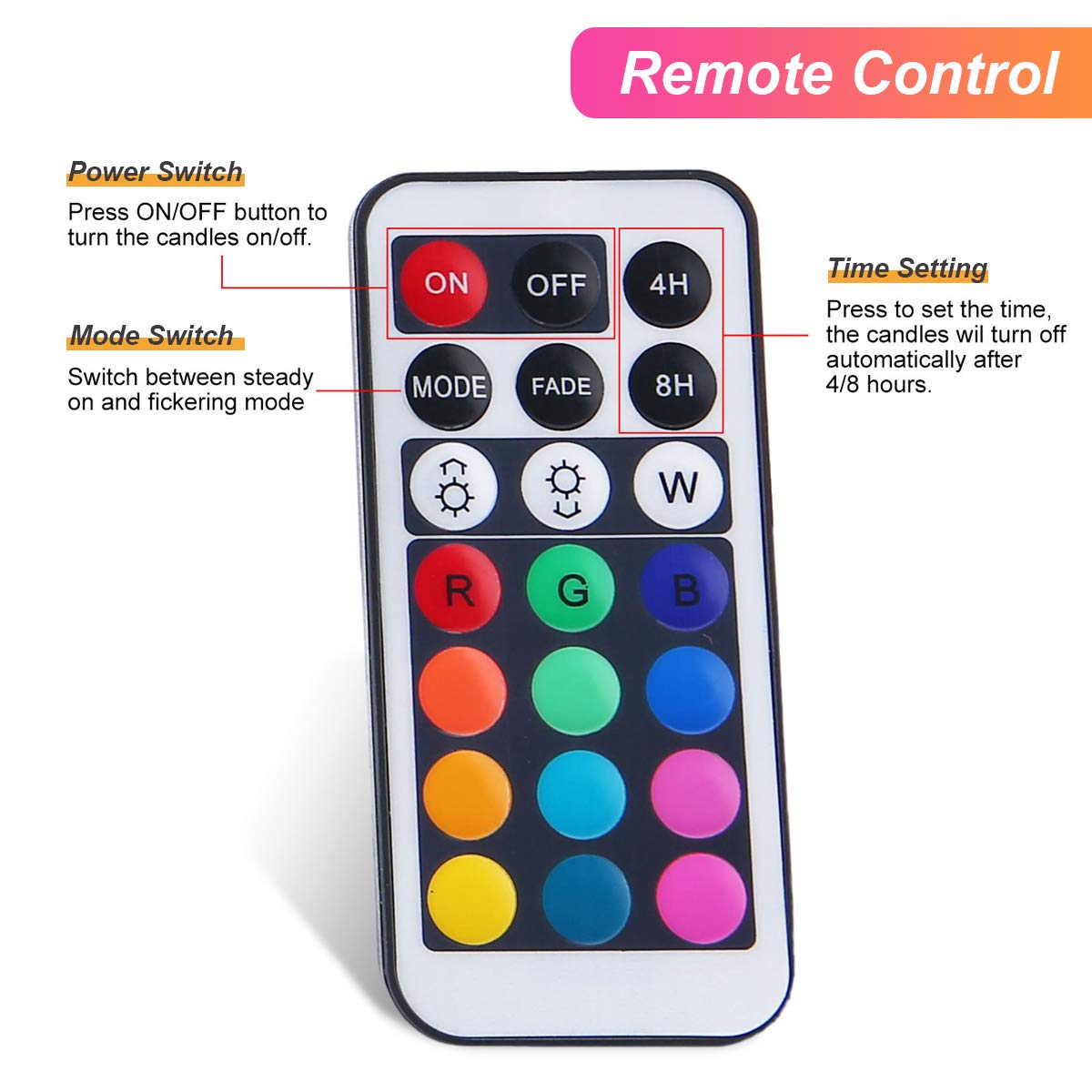 Kobwa Led Flickering Flameless Candles With Color Changing, Remote Control And Auto Off Timer, 100 Hours Working Time, Battery O