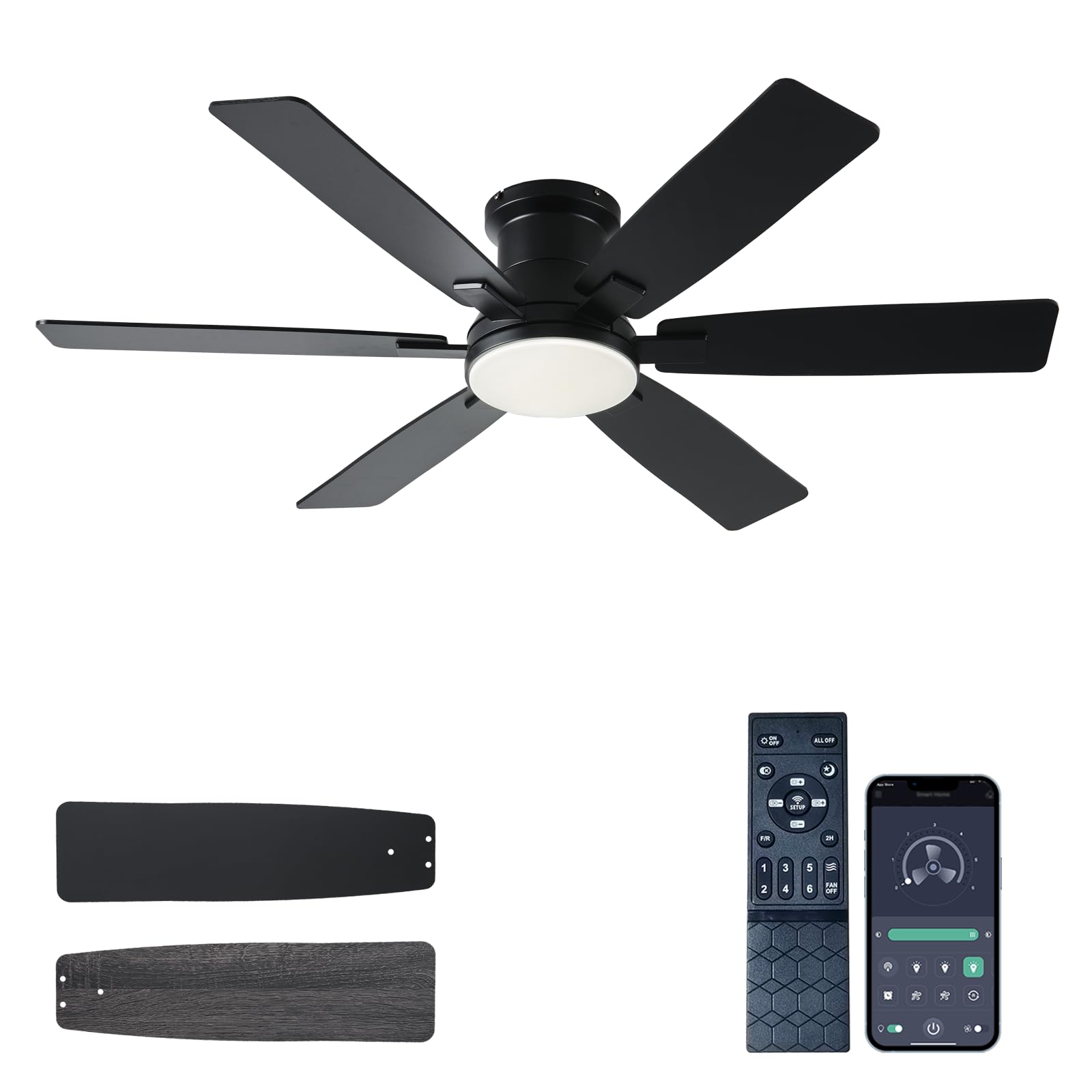52 inch Black Ceiling Fans with Lights and Remote - Flush Mount Low Profile Ceiling Fan with Light, Reversible, 3CCT, Dimmable, 