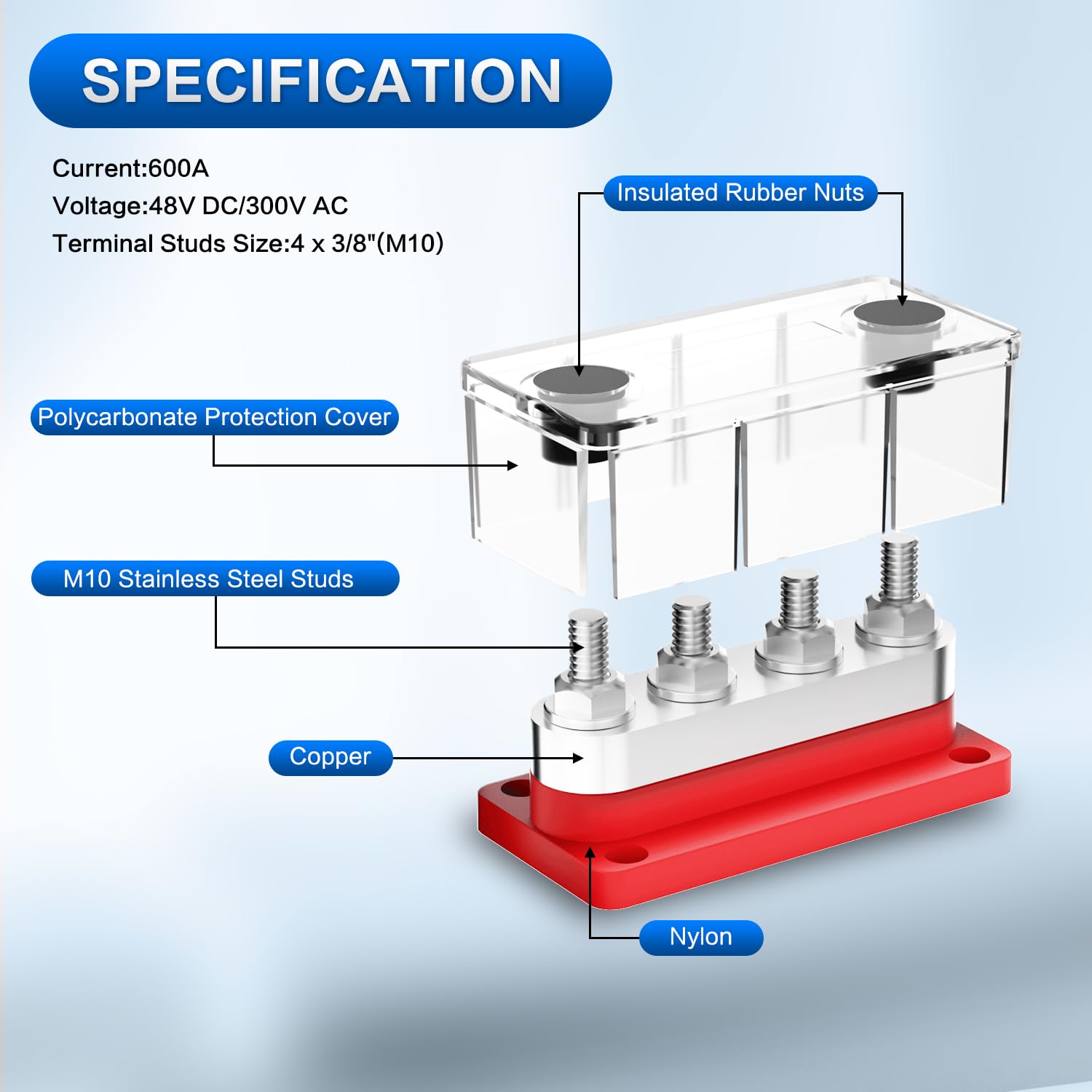 Jamgoer 600A Bus Bar Power Distribution Block 4 X 3/8'' (M10) Terminal Studs 48V Dc Positive & Ground Busbar Terminal Block Wtih