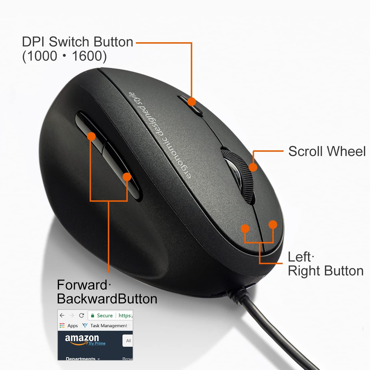 Sanwa Wired Left Handed Ergonomic Mouse, Optical Vertical Mice, For Small Hands, Reduce Wrist Strain,1000/1600/2400/3200 Adjustable Dpi, 6 Buttons, Compatible With Laptop, Desktop, Windows, Mac,Black