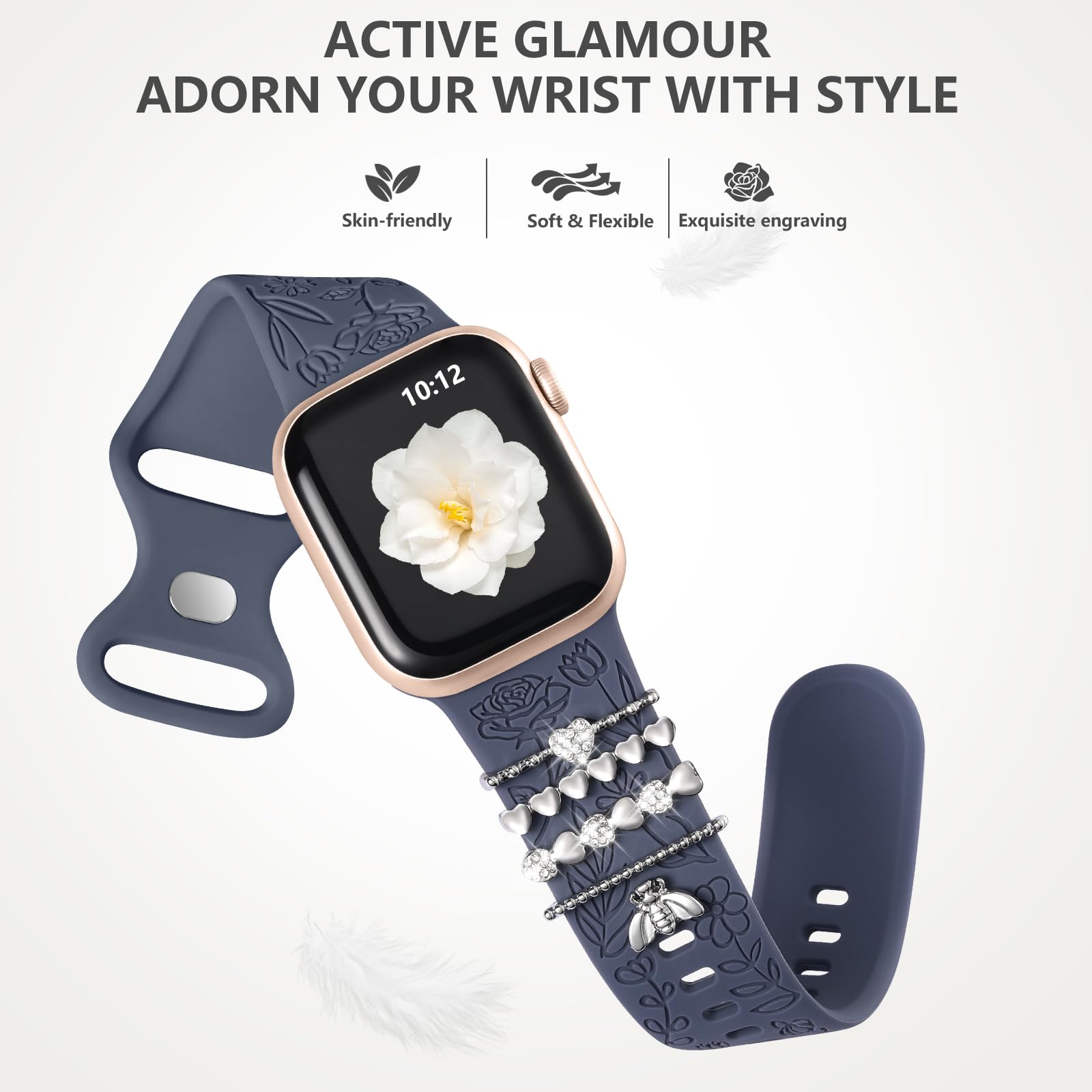 Daqin Flower Engraved Band Compatible With Apple Watch Bands 44Mm 42Mm 45Mm 46Mm For Women, Soft Silicone Band With Decorative A