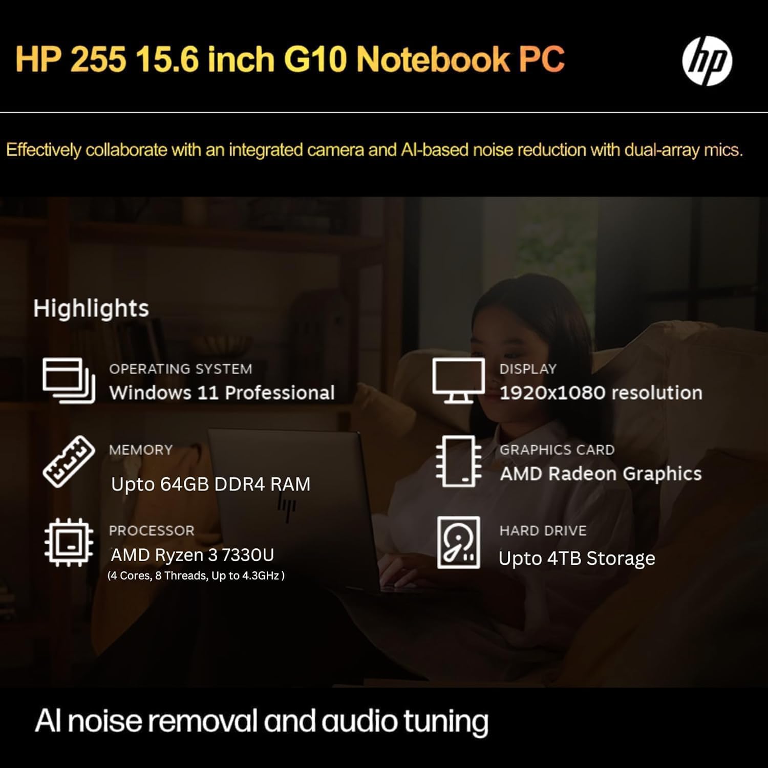Hp 255 G10 Laptop For Home Or Work, 64Gb Ram, 2Tb Ssd, 15.6'' Full Hd, Ryzen 3 7330U (Beat Intel I5 1135G7), Bluetooth Earbud, W