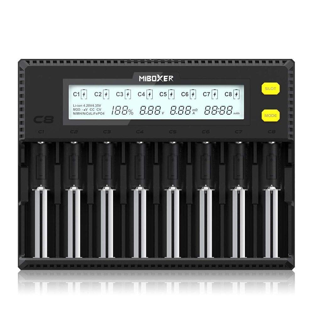 Miboxer 18650 Battery Charger, 8 Bay Smart Charger With Automatic Lcd Display, Fast Charge Rechargeable Li Ion Lifepo4 Ni Mh Ni 