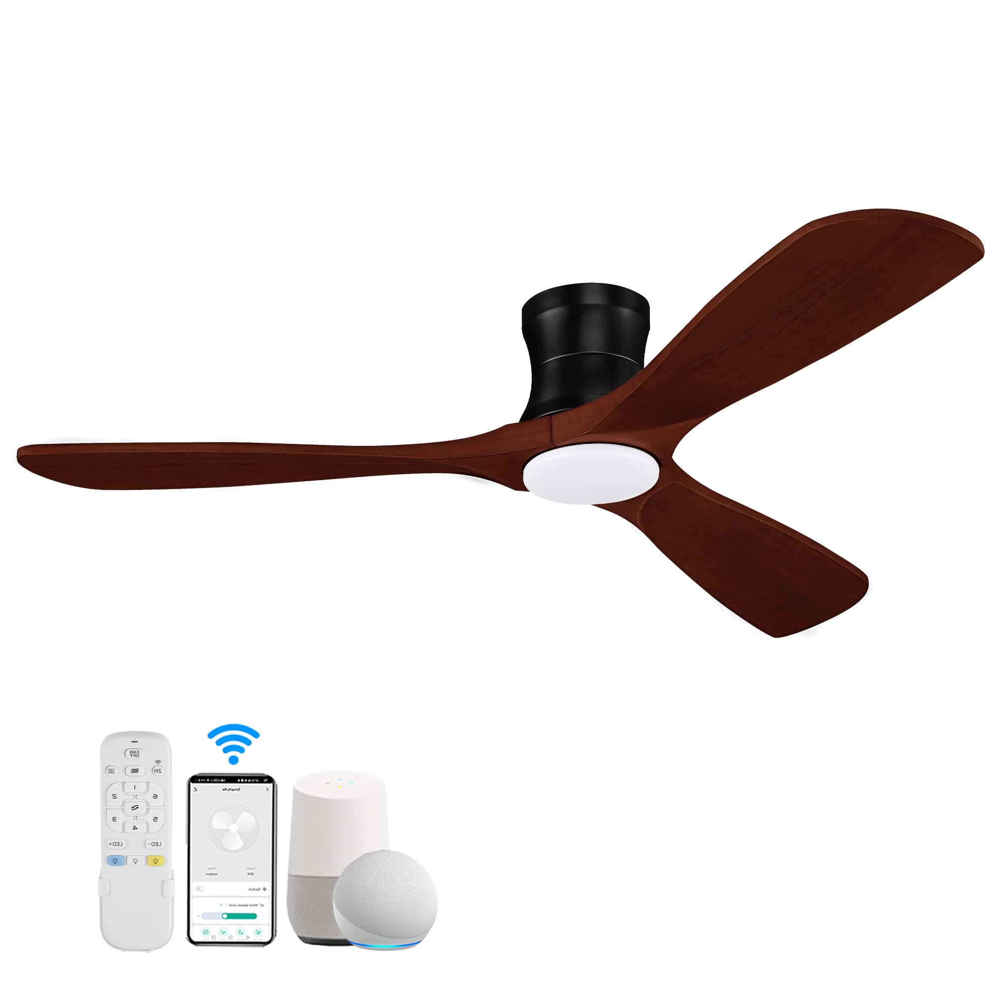 Hoenofly 52    Smart Wood Flush Mount Ceiling Fans With Lights Remote,Quiet Dc Motor,Outdoor Indoor Low Profile Ceiling Fan,Voic