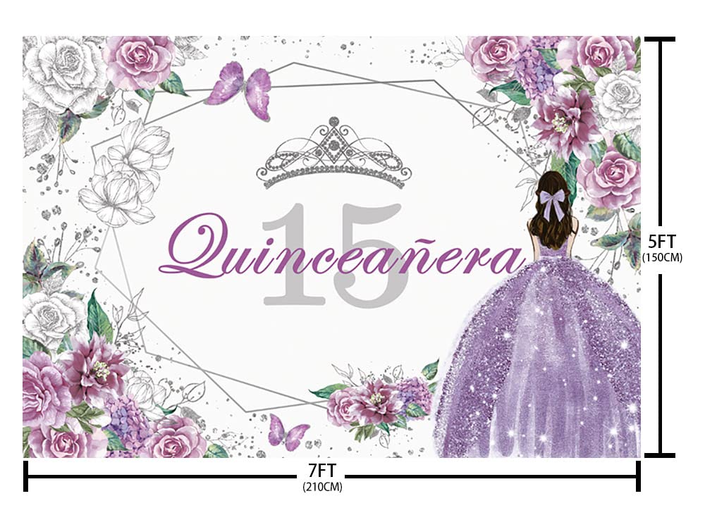 Sendy 7X5Ft Quinceanera 15Th Birthday Backdrop For Sweet Girl Mis Quince Anos 15Th Party Decorations Purple Silver Glitter Flora