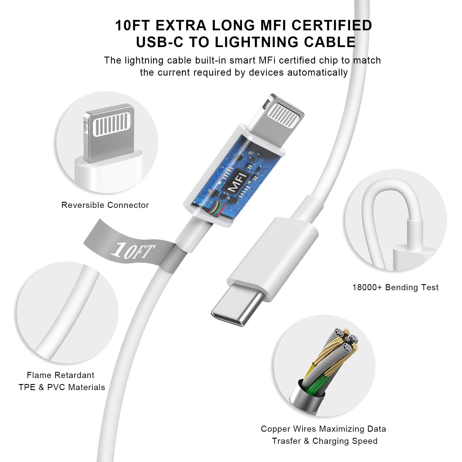 Crehao Iphone Fast Charger, [Mfi Certified] 20W Pd Usb C Wall Charger Block Plug With 10Ft Extra Long Type C To Lightning Fast C