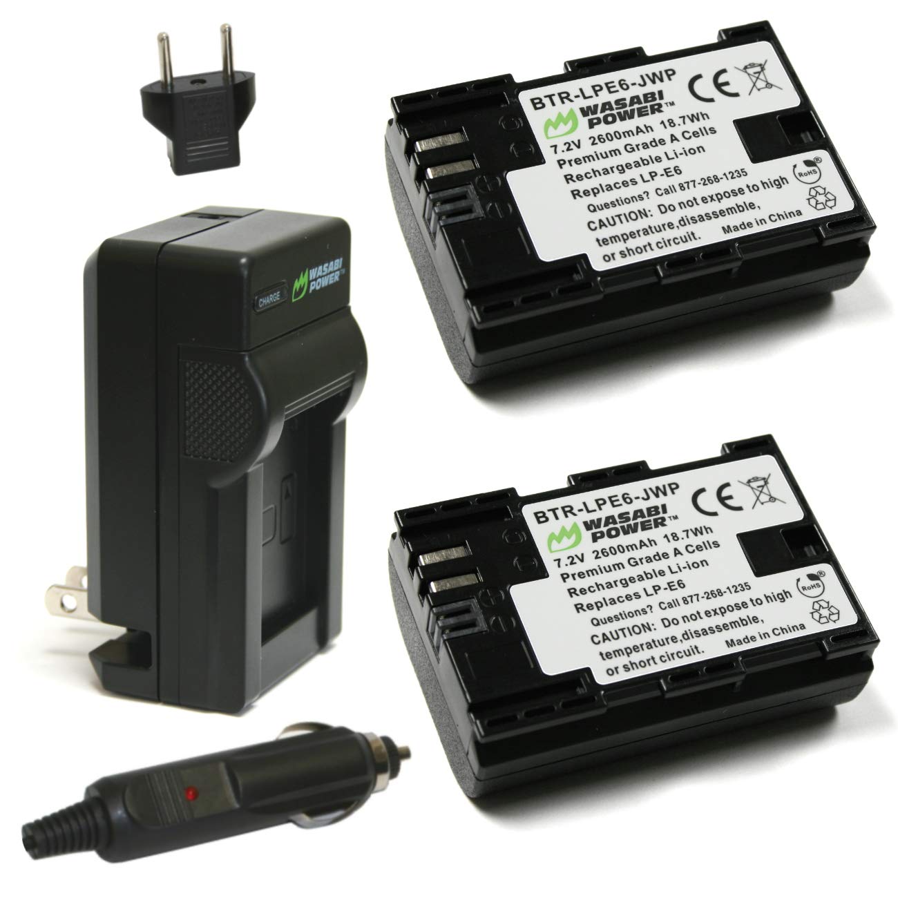 Wasabi Power LP E6, LP E6N Battery (2 Pack) and Charger for Canon EOS 5D Mark II/III/IV, 5DS, 5DS R, 6D, 6D Mark II, 7D, 7D Mark II, 60D, 70D, 80D, 90D, R, R5, R6, Ra, XC10, XC15, BMPCC 4K, BMPCC 6K