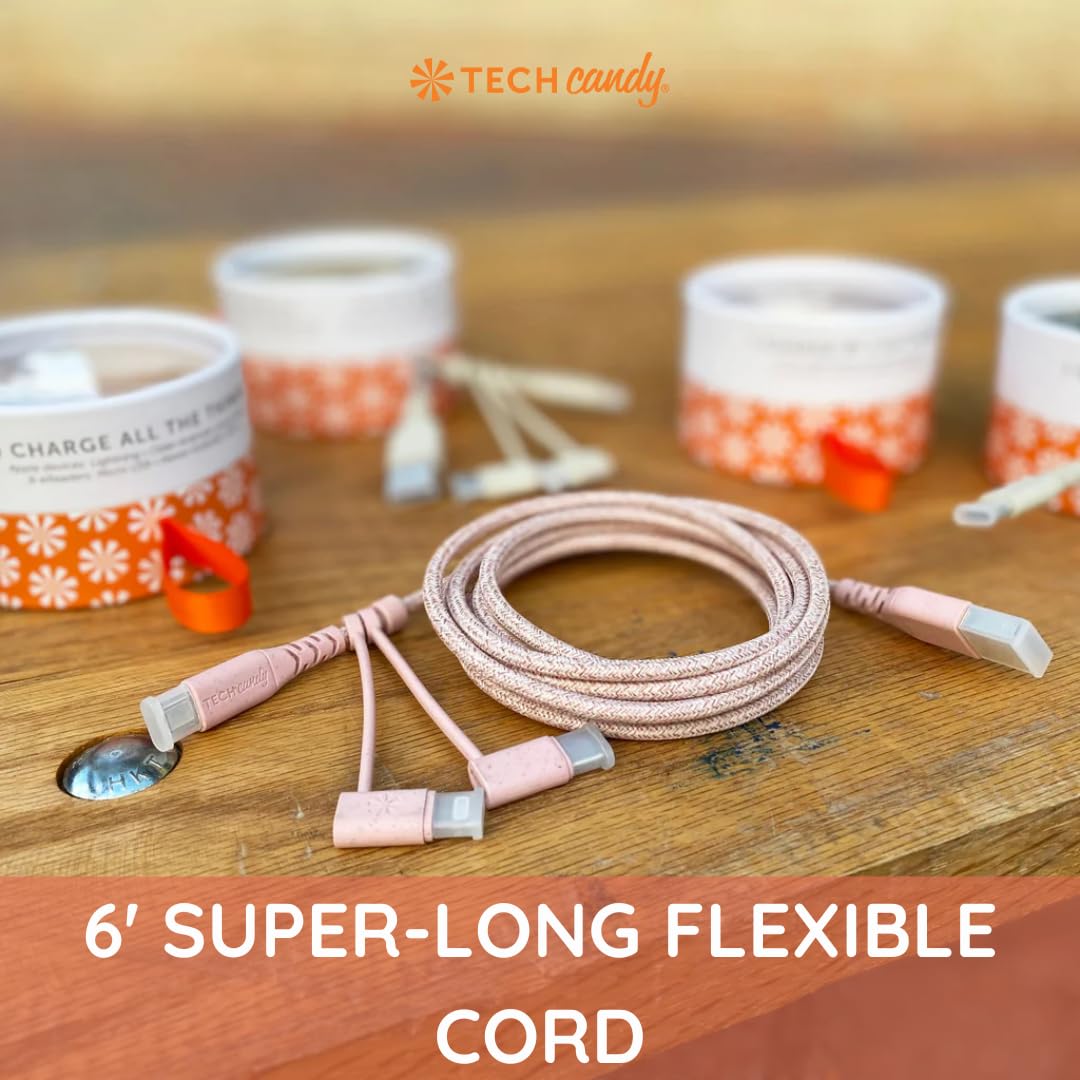 Tech Candy Eco Charge Usb Cable, Rose/Pink   3 Tip Universal Charger, Usb A To Lightning/Micro Usb/Usb C, 6 Long Cord, Made With