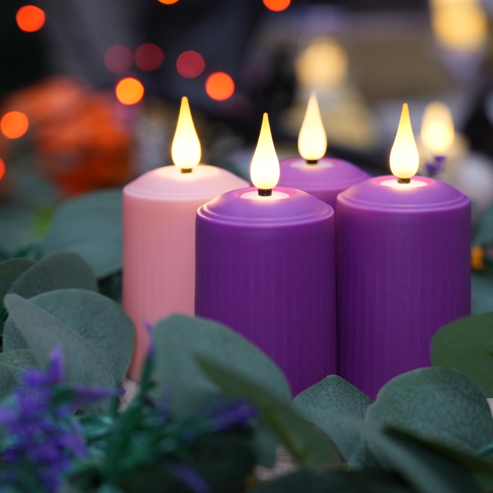 Yunsheng Flameless Advent Candles Purple And Pink, 4 Inch Battery Operated Led Advent Pillar Candles With Remote Timer, 350+ Hou