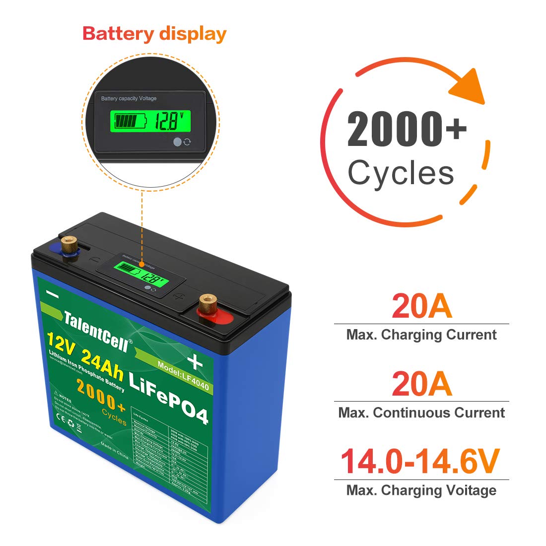 TalentCell 12V LiFePO4 Battery Pack LF4040, 24Ah 288Wh Deep Cycle Rechargeable Lithium Iron Phosphate