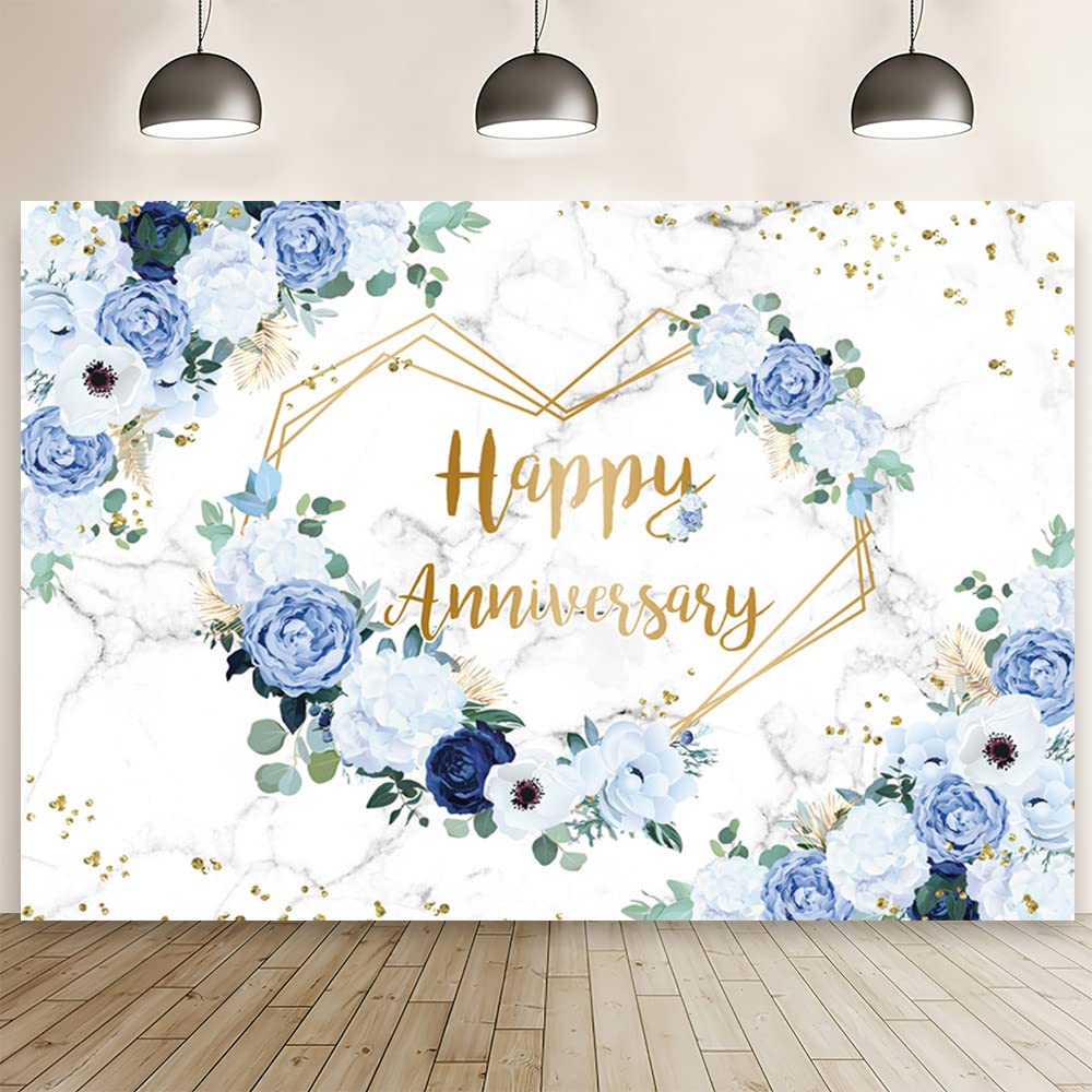 Mehofond 7X5Ft Happy Anniversary Backdrop Blue And White Floral Wedding Anniversary Photography Background Hearts Geometric Coup