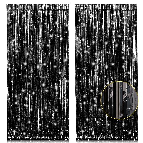 2 Pack 3.2Ft X 8.2Ft Black Tinsel Foil Fringe Curtains, Metallic Foil Tinsel Photo Booth Backdrop Streamer For New Years Decorat