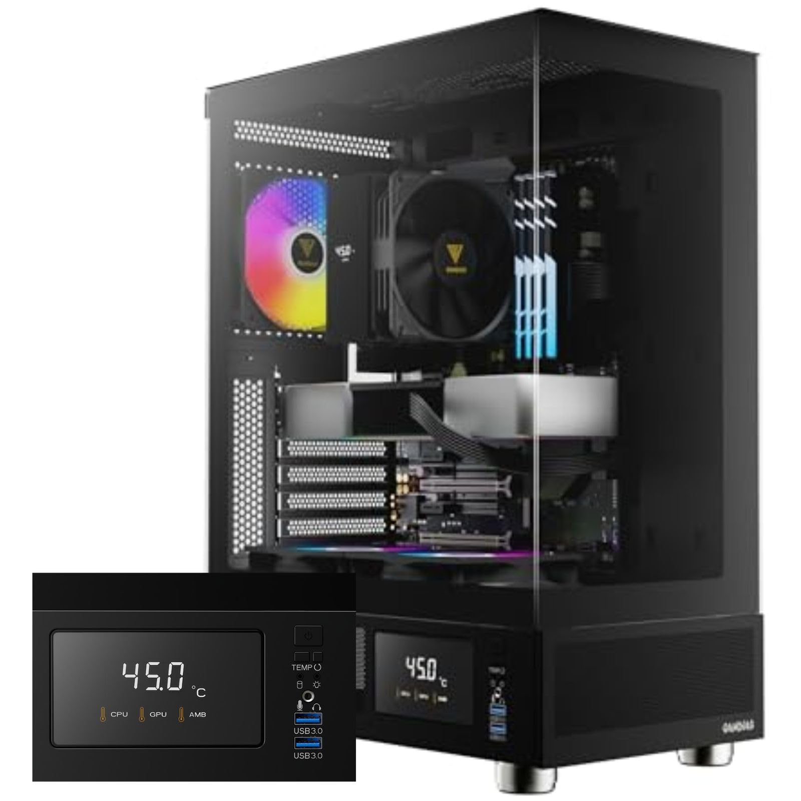 GAMDIAS ATX Mid Tower Computer Case with Tempered Glass, Gaming PC Case w/Temperature Display LCD & 3X 120mm ARGB Fans, Support