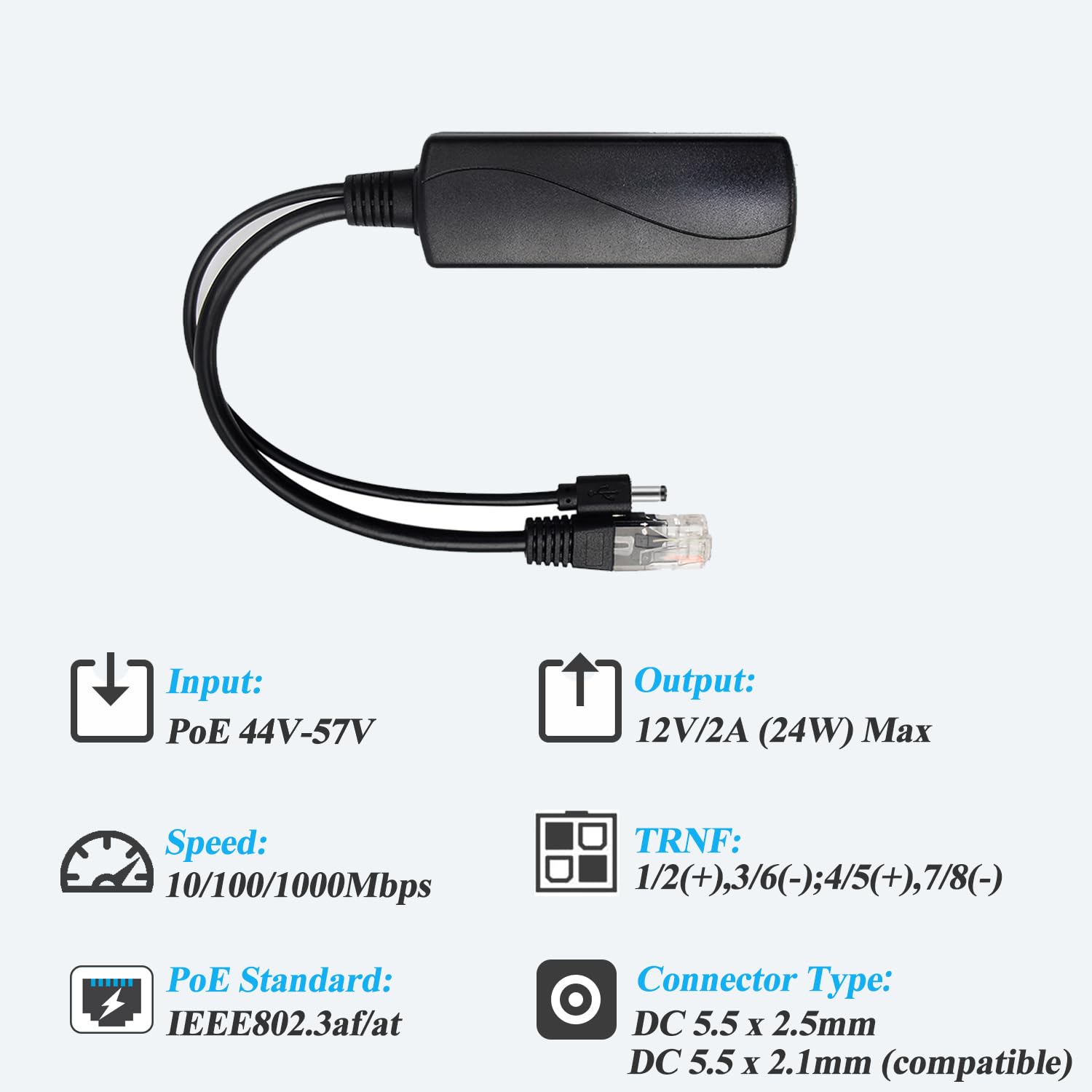 Revodata Poe Splitter Gigabit 12V/2A, Dc 5.5 * 2.5Mm Plug Compatible With Dc 5.5 * 2.1Mm, Poe To Dc 12V/2A Output, Gigabit Ether