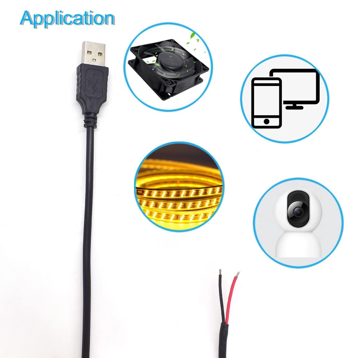 Elnone 2Pcs 20Awg Usb Pigtail 2 Wire,2M/6.5Ft Usb 2.0 Male Plug 2Pin Wire Diy Pigtail Cable 5V Bare Wire Cable 5V 5A Black Usb P