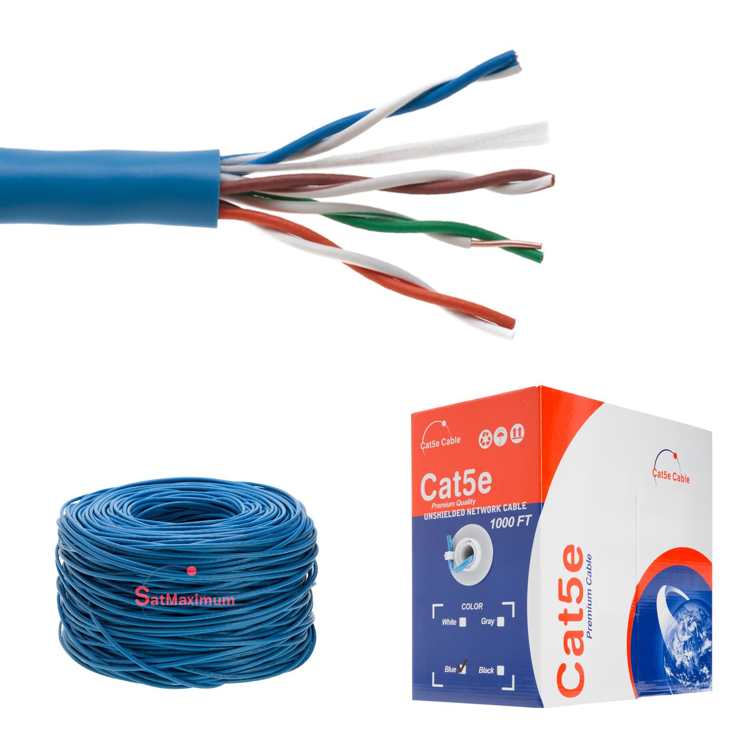 Satmaximum Cat5E Utp Bulk 24 Awg 1000Ft Ethernet Cable Blue