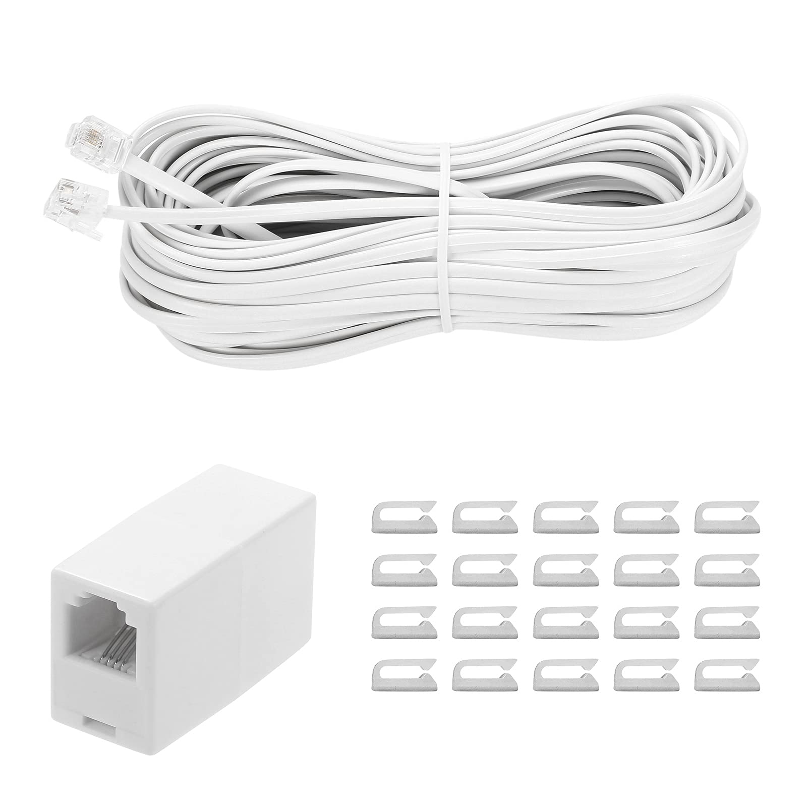 Vthahaby 50 Feet Long Telephone Extension Cord Phone Cable Line Wire, With Standard Rj11 Plug And 1 In Line Couplers And 15 Cable Clip Holders White (White 15M)
