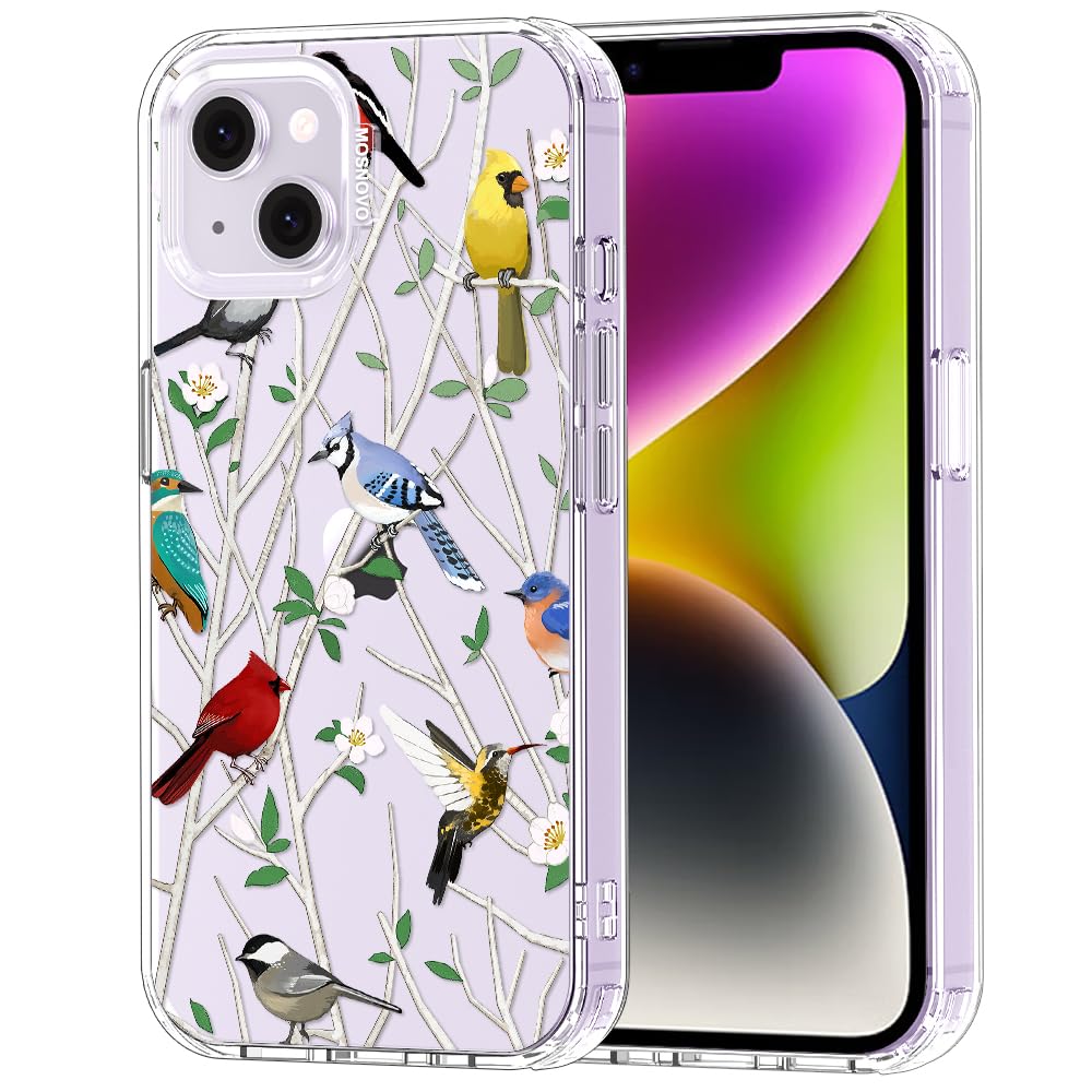 MOSNOVO for iPhone 13/14 Case | Military Grade 6.6ft Drop Tested | Clear with Wild Bird Design