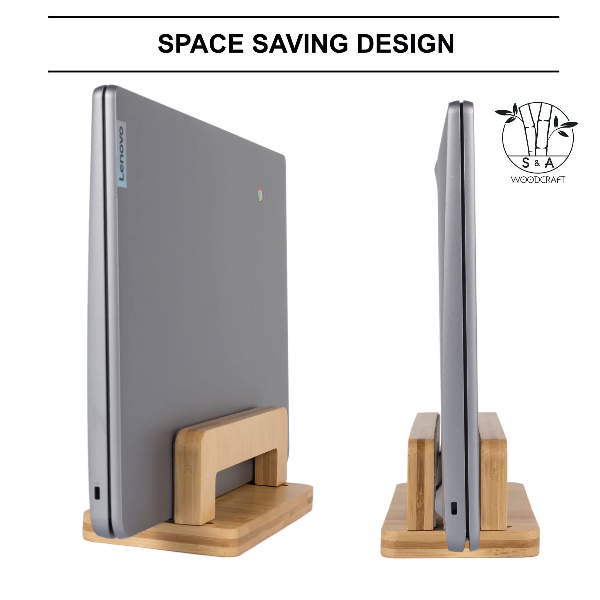S&A Woodcraft Bamboo Wood Vertical Laptop Stand, Adjustable Wooden Laptop Holder, Non Slip Laptop Dock Compatible With Apple Mac