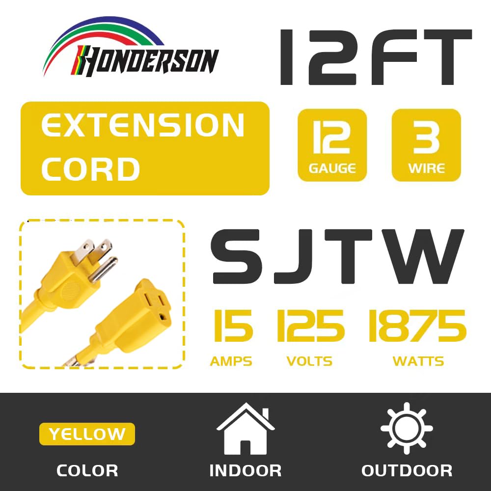 Honderson Indoor Outdoor Extension Cord Weatherproof, Ul Listed, 12 Gauge 12Ft Yellow 3 Prong Heavy Duty, 12/3 Sjtw 15A Power Co
