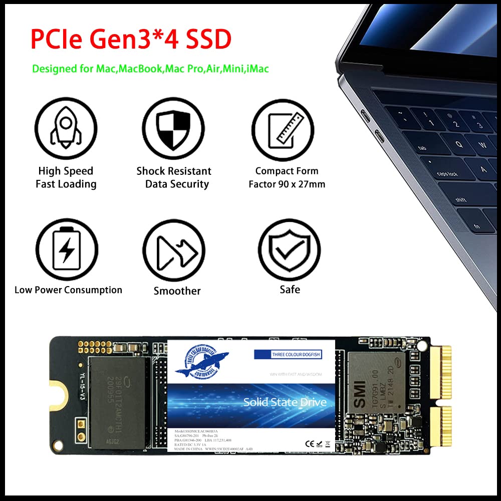 Dogfish 256Gb Nvme Ssd For Macbook Pcie Gen3X4 M.2 2280, Internal Ssd For Macbook Air A1466 A1465(2013 2017)/Macbook Pro A1398 A