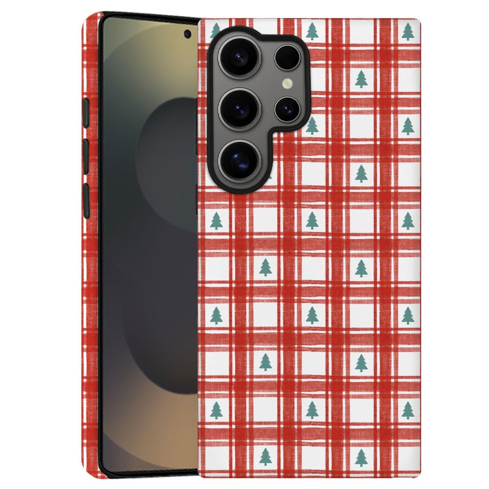 TnXee Case for Samsung Galaxy S25 Ultra,Christmas Tree Red Gingham Pattern Phone Case Drop Resistant Frosted 2 in 1 Solid Dual-L