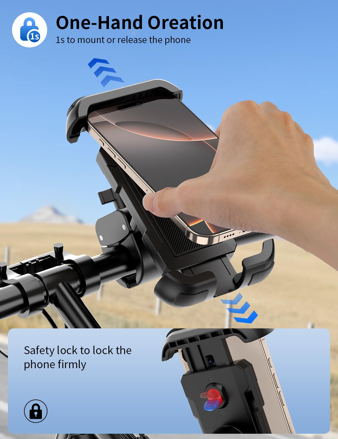 Bike Phone Holder, Motorcycle Phone Mount, [Camera Friendly] [Quick Install] [Double Locked]Clip For Scooter, 360 Rotate Cell Ph