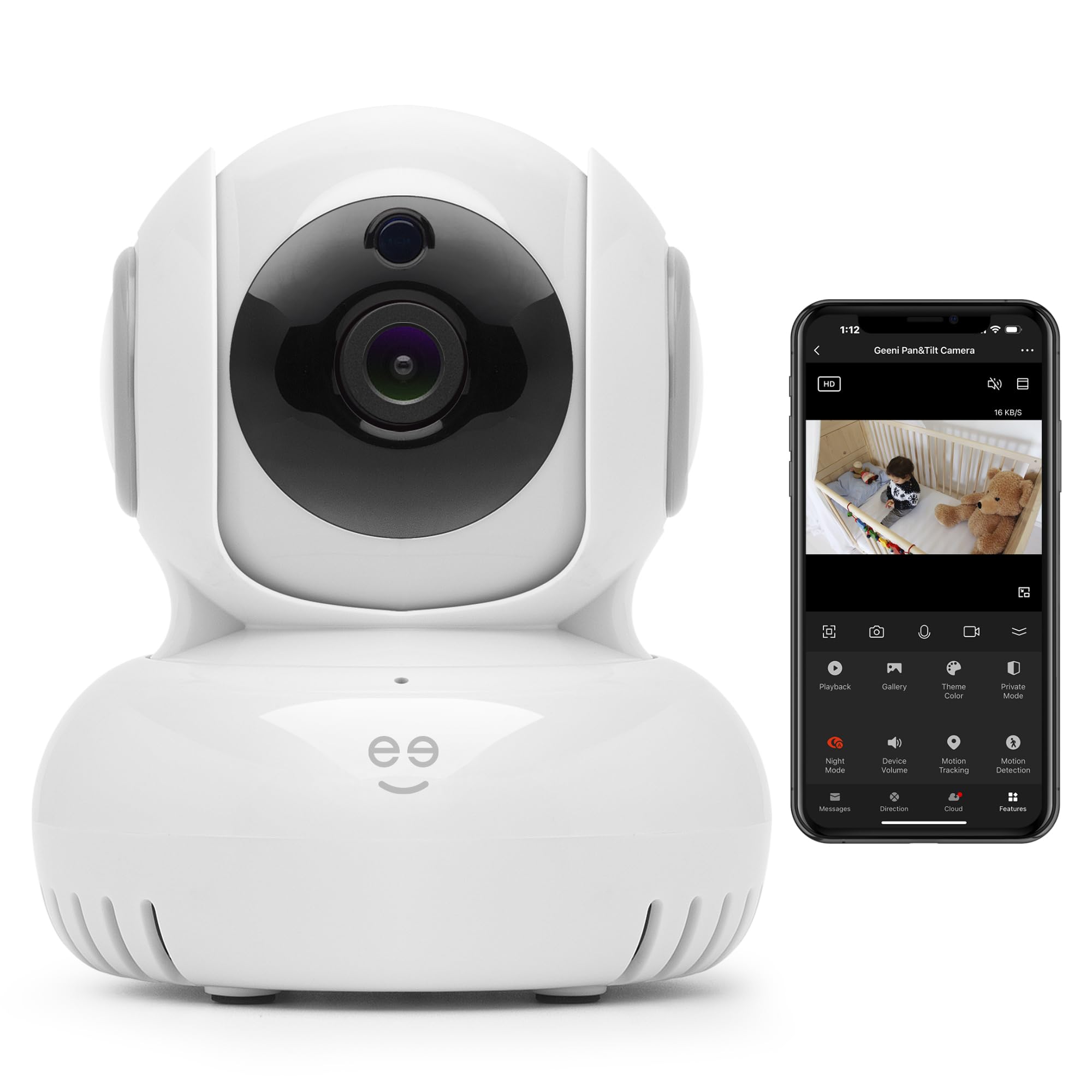 Geeni Sentinel 1080p Wireless Indoor Surveillance Camera with Auto Tracking Alerts, Motion Zones, Pan/Tilt/Zoom, 2Way Talk, Nig