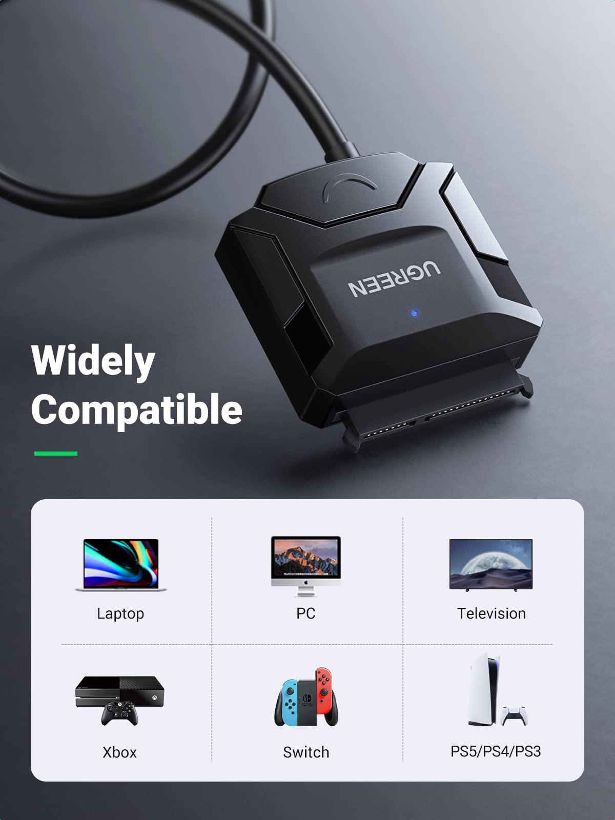 UGREEN SATA to USB 3.0 Adapter Cable for 3.5/2.5 Inch SSD/HDD, Black, Model 20231, Supports UASP, Includes 12V Power