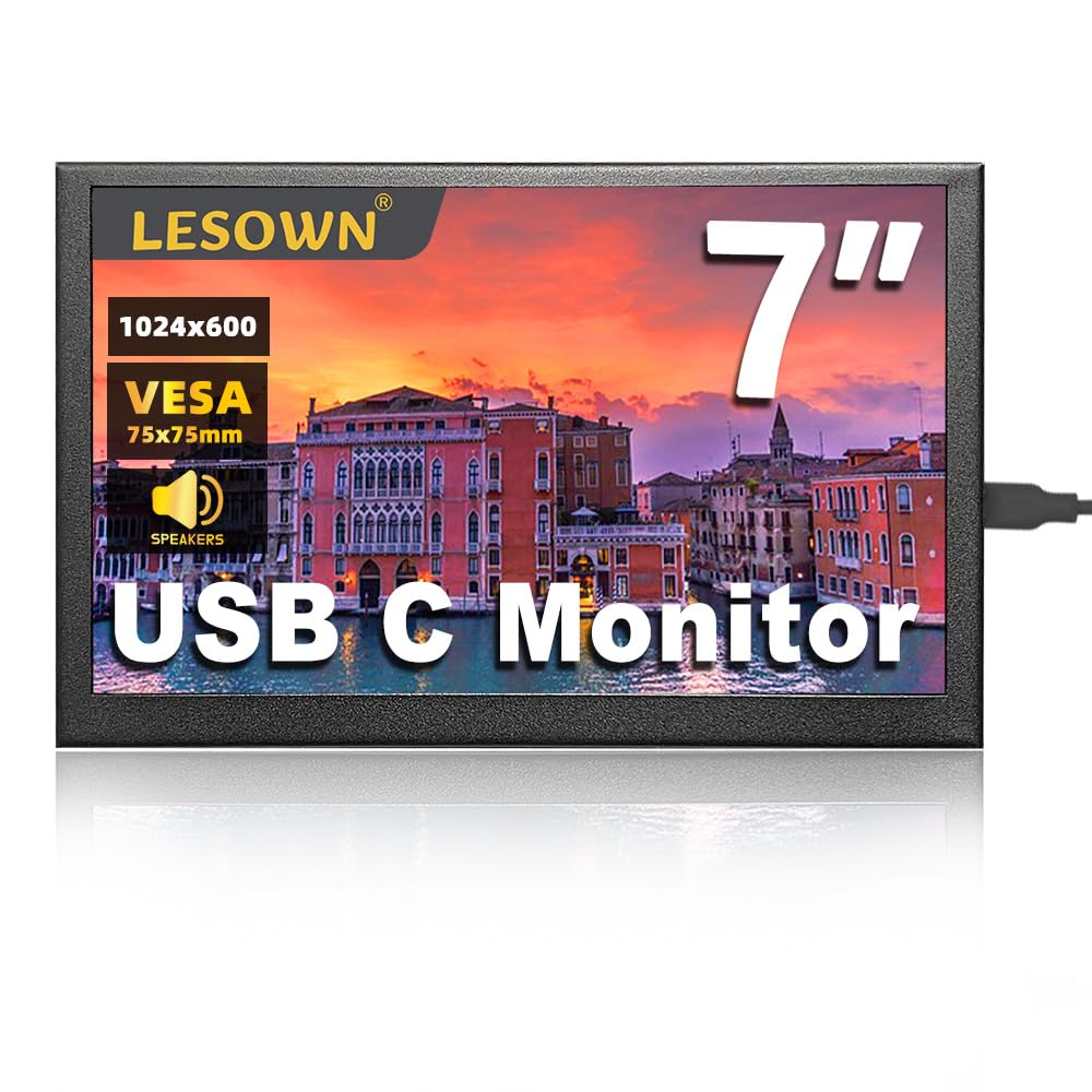 LESOWN 7 inch mini Small Monitor HD IPS 1024x600 LCD Screen 7inch USB C Portable Monitors External Display for Phone Laptop PC,