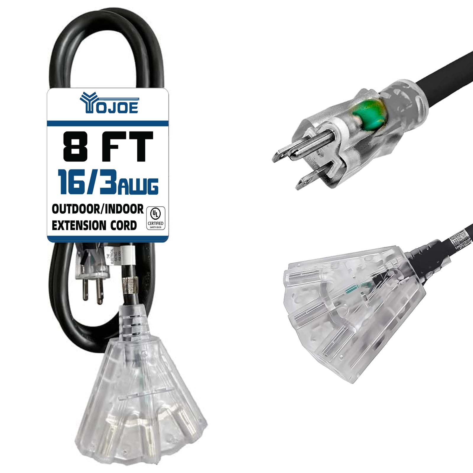 Yojoe 3 Outlets Indoor Outdoor Extension Cord With Lighted End, 3 Prong 13A Weatherproof Power Cord, 16 Gauge Heavy Duty 8 Ft Bl