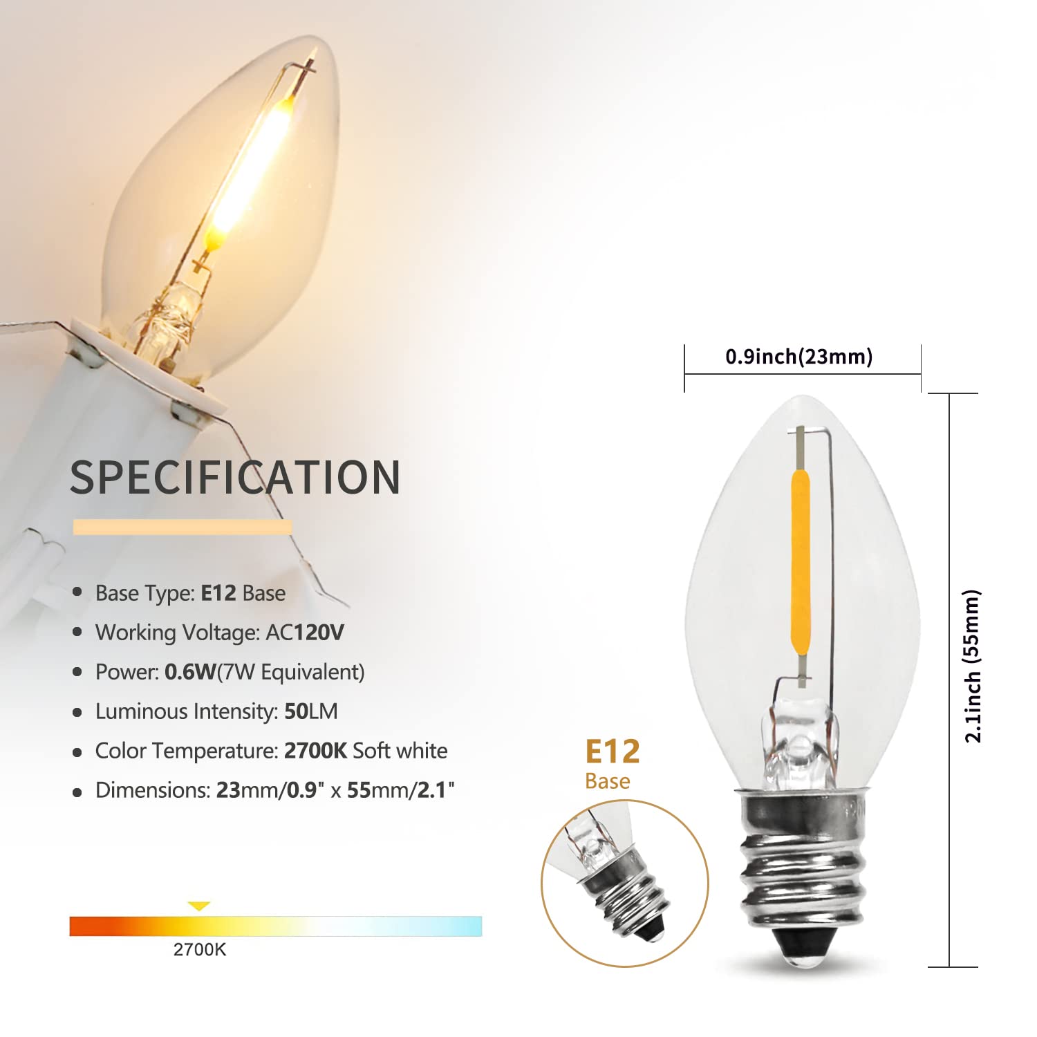 2 Pack Accessory Cord With 2 C7 Led Light Bulb Candelabra Base E12 Socket White Cord With On/Off Switch Plugs For Holiday Decora
